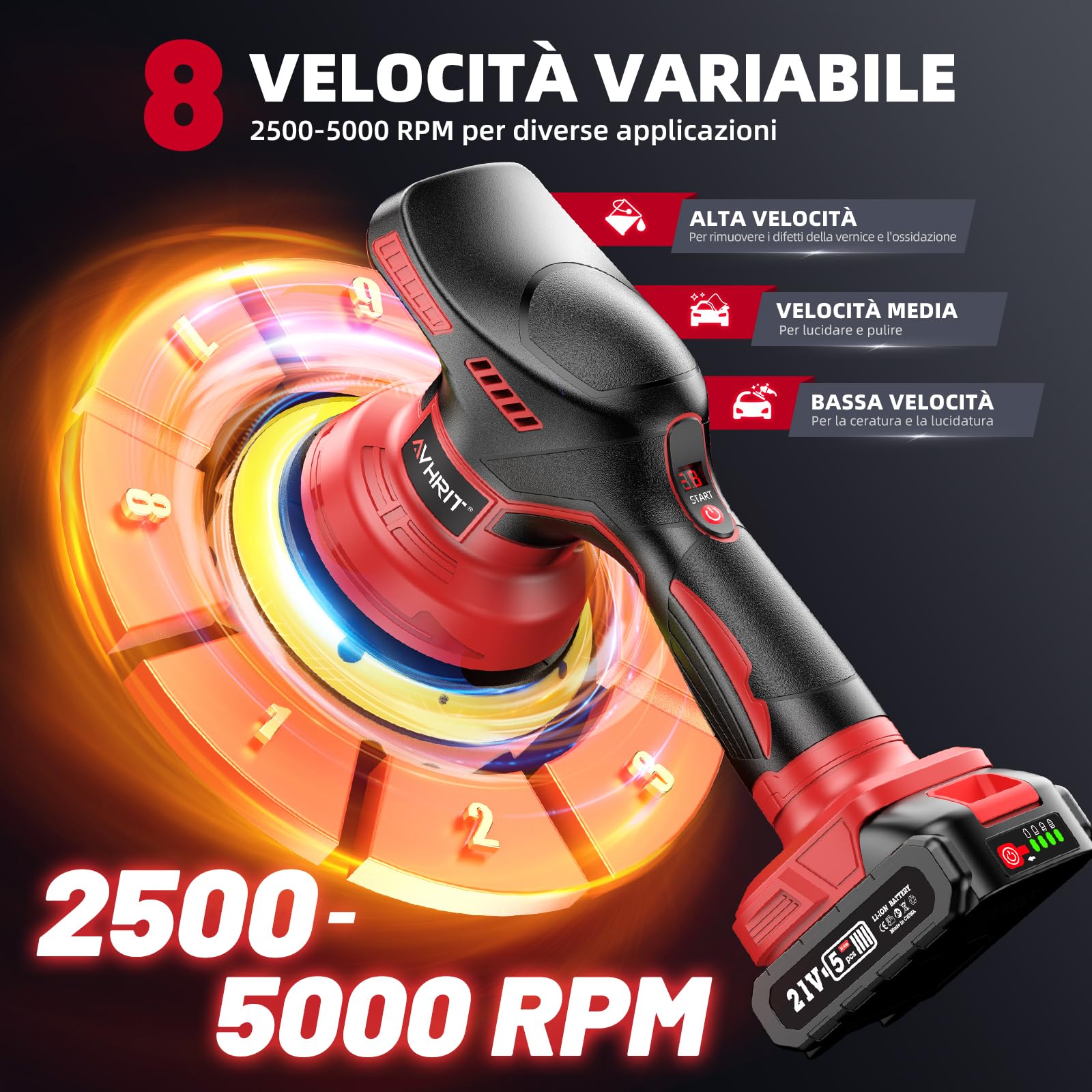 Lucidatrice Auto Senza Fili 6’’ 21V 4000mAh - Lucidatrice Orbitale Professionale con 8 Velocità,Schermo Digitale e 17 Accessori, Lucidatrici per Carrozzeria, Rimozione Graffi e Detailing