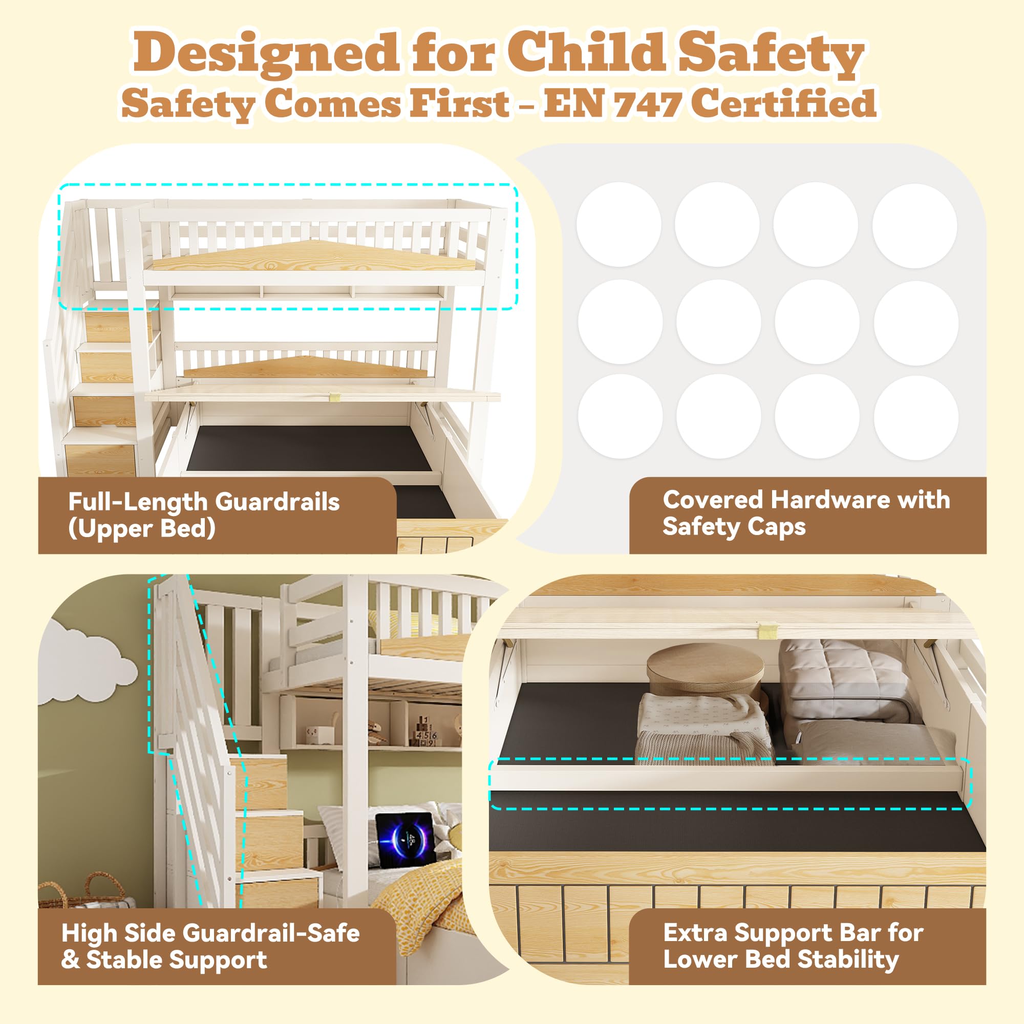 Letto a Castello per Bambini 90x200 e 140x200cm con Contenitore Idraulico, Porta USB-C, Scala di Stoccaggio e Mensole Sospese, Struttura del letto in Legno(Senza materasso)