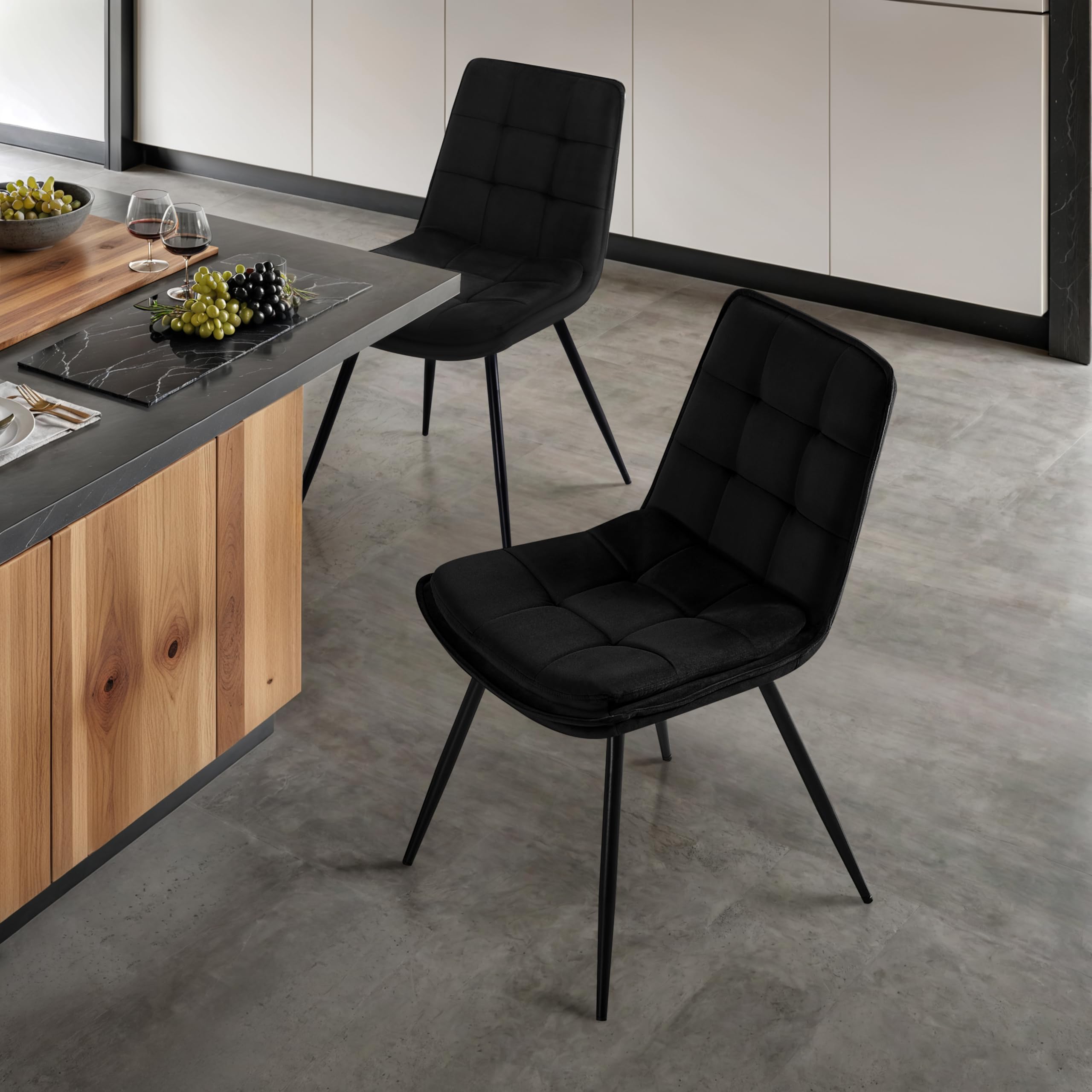 STOOLINK Set di 4 Sedie Sala da Pranzo, Sedie da Sala da Pranzo Moderna, Sedie da Pranzo Imbottita in Velluto, Sedia da Cucina di Design a Scacchiera Senza Braccioli per Cucina, Soggiorno - Nero