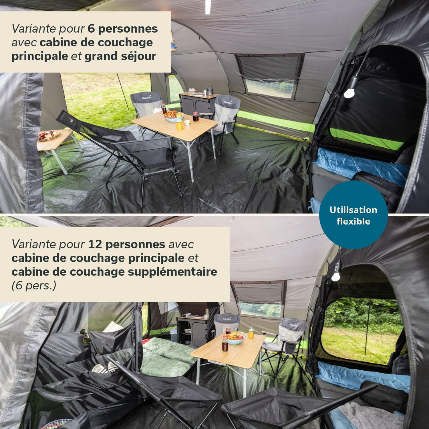 Skandika Kambo Tente Tunnel pour 6 Personnes | Cabine Sombre avec revêtement argenté, Colonne d'eau de 3000 mm, 3 entrées, Marquise, avancée, avec Tapis de Sol | Tente de Camping