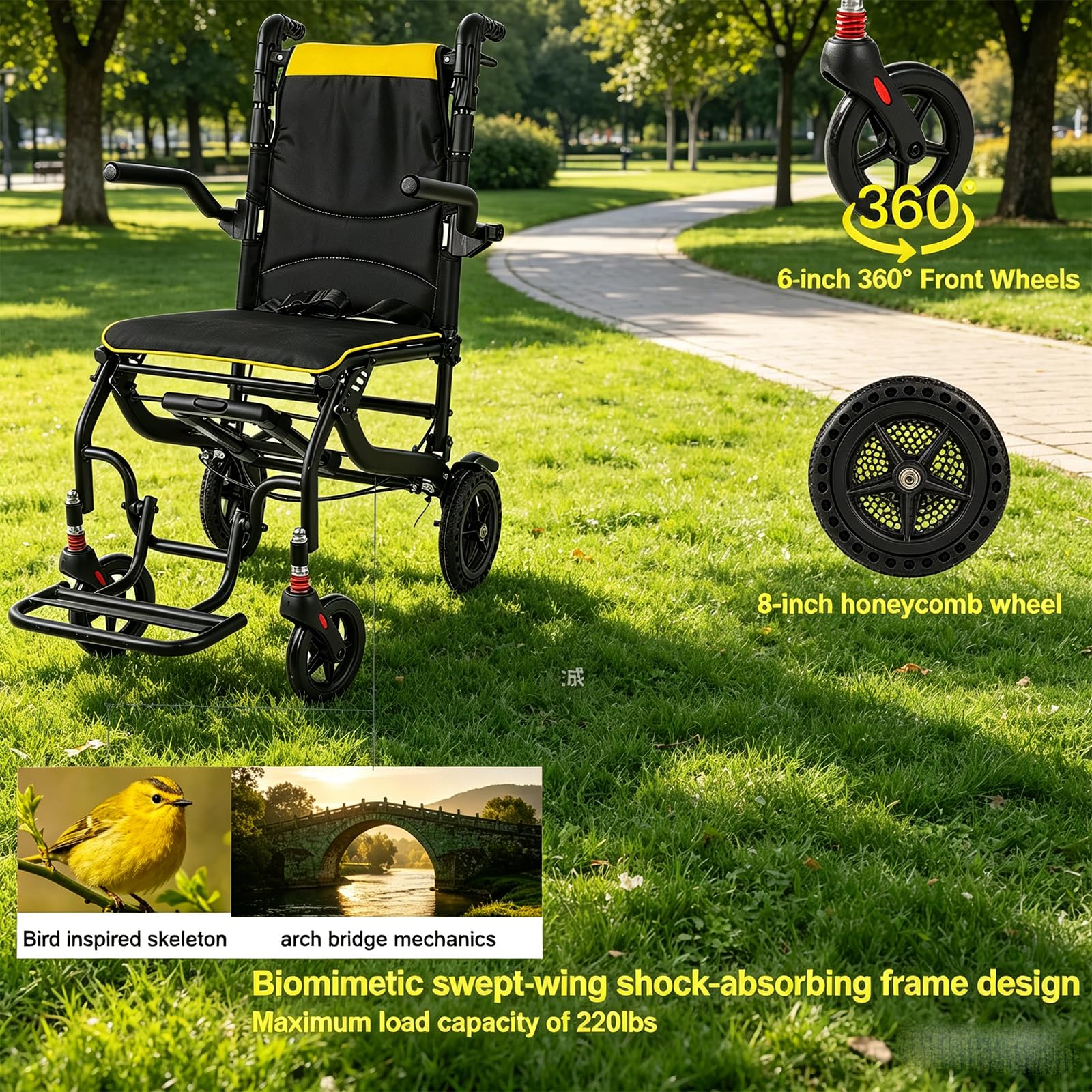 Silla de ruedas plegable ligera 2026, respaldo ajustable, neumáticos de panal de abeja de, sillas de transporte con mango telescópico, reposapiés plegables y reposabrazos, hasta 100kg