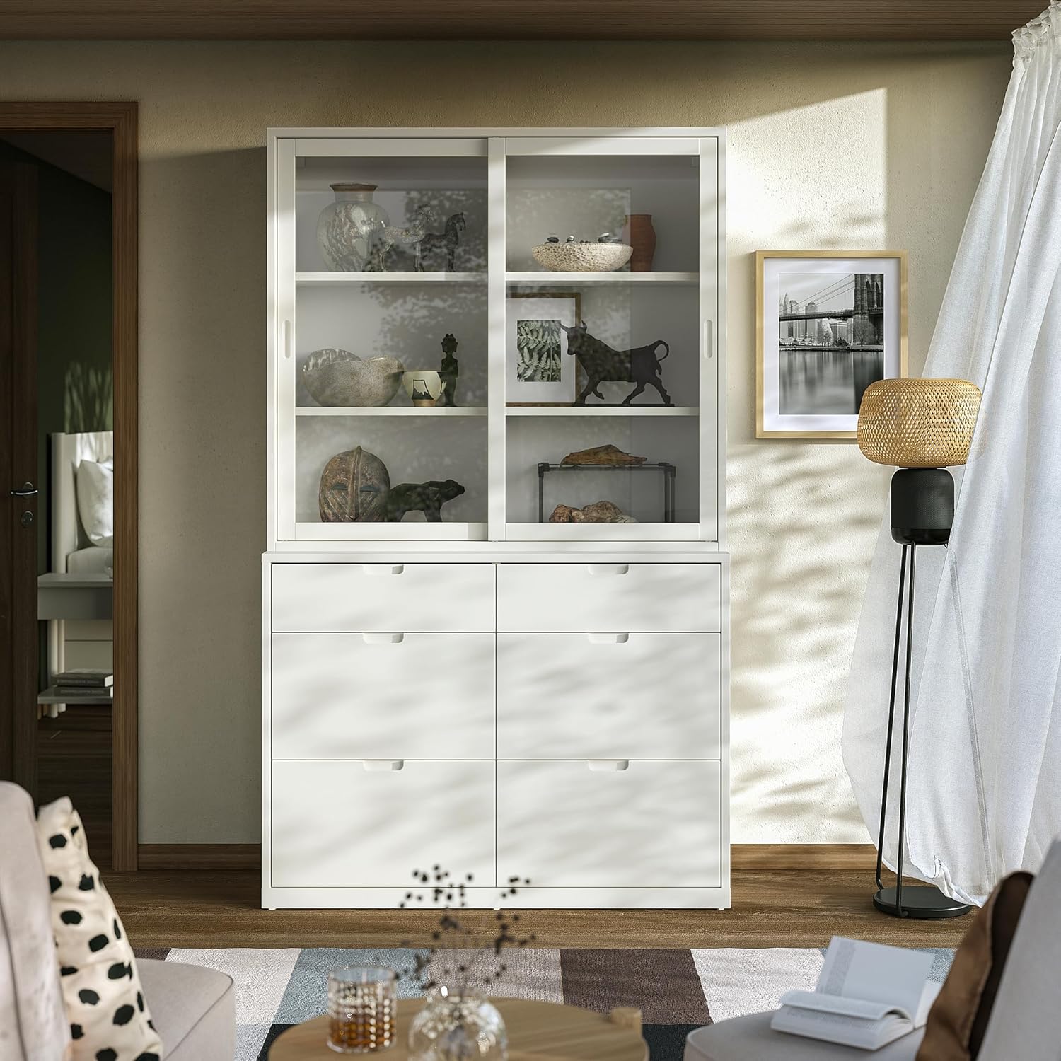 TONSTAD Storage combination with drawers, off-white/glass, 121x47x206 cm