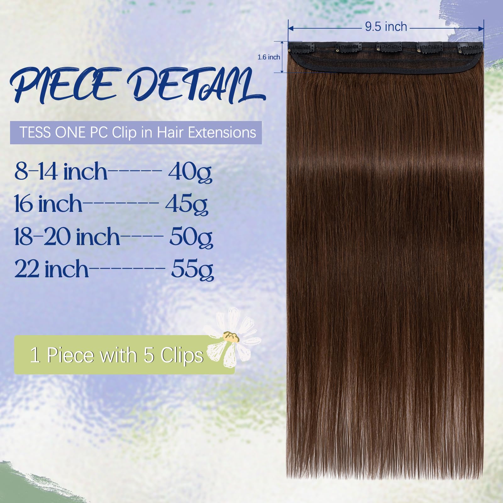 TESS Clip In Hair Extensions Real Human Hair One Peice 5 Clips Straight Natural Hairpieces for Womens/Girls (#4 Medium Brown,18 Inch-50g) - Image 3