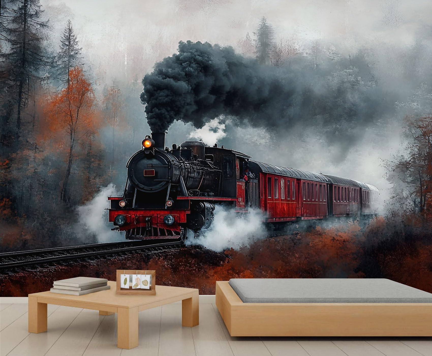 Forest Train Mural Steam Train Wallpaper Autumn Forest Wall Mural Giant Home Living Room Dining Room Wall Decor Poster (Non-self-Adhesive)