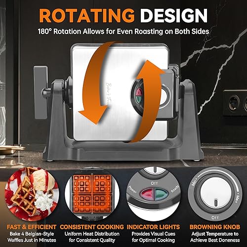 Miniatura 3 de Baker's Friend Mini waflera abatible, waflera belga gruesa, giratoria con control de dorado, Waflera eléctrica, superficie antiadherente, con receta
