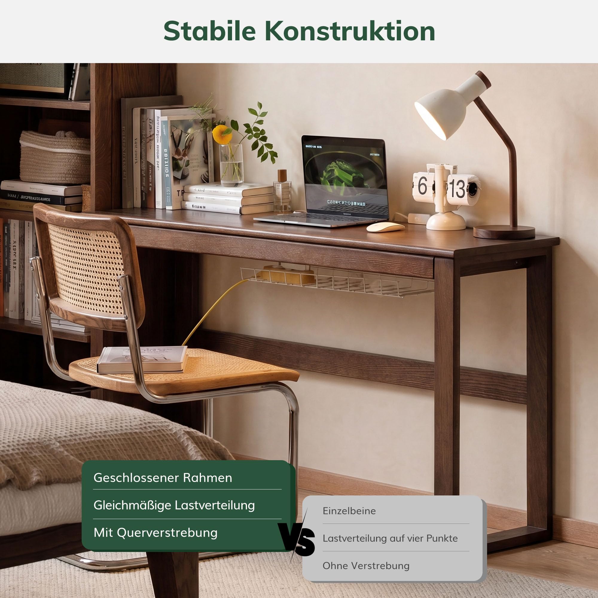 YESWOOD Massivholz Kleiner Schreibtisch mit Schubladen & Ausziehplatte 1.2M