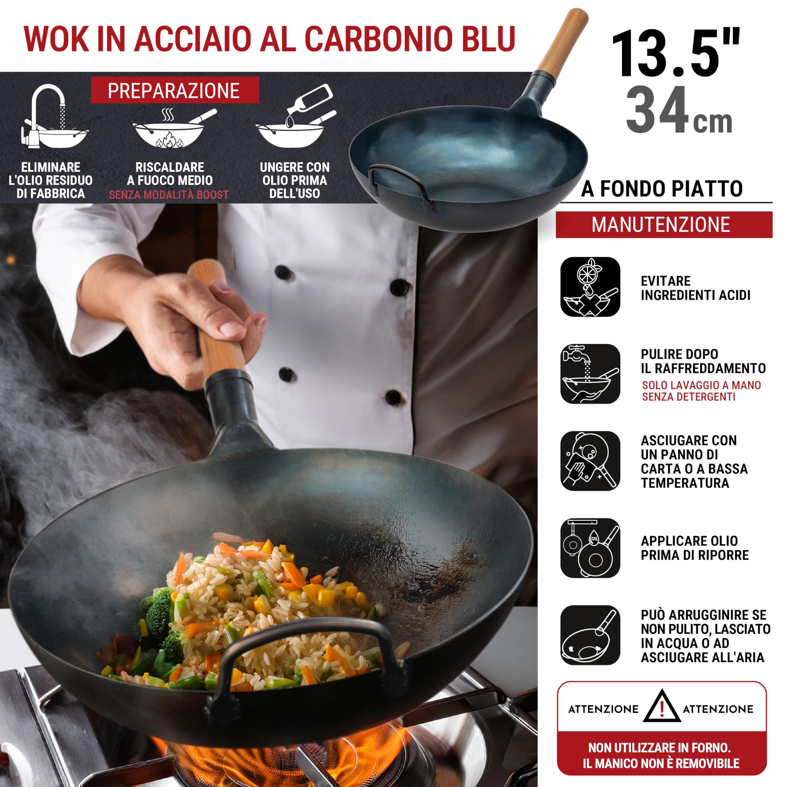 YOSUKATA Wok Padella Professionale 34 cm - Tradizionale Wok Acciaio al Carbonio Blu Fondo Piatto Precondizionato - Cinese Originale Padella - Adatto a Gas Induzione Elettrico Сeramica e Fuoco Aperto
