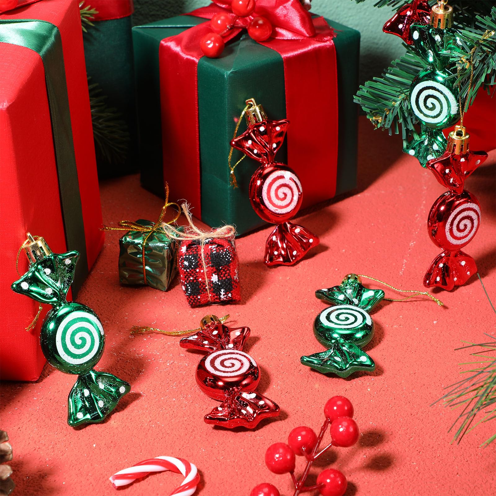 Threan 12 Pcs Christmas Candy Ornaments for Tree Decoration Hanging Glitter Candy Cane Christmas Peppermint Ornament with Golden Rope for Xmas Holiday Decoration(Red - Image 4