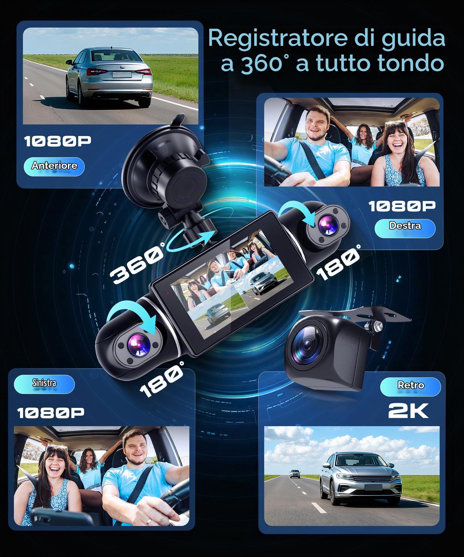 VECHTEL 2K Dashcam per auto anteriore e posteriore con WiFi, 4* Dash Cam 1080P Telecamera per auto con schermo IPS da 3 pollici,visione notturna,sensore G,protezione a 360 gradi,supporta 128 GB