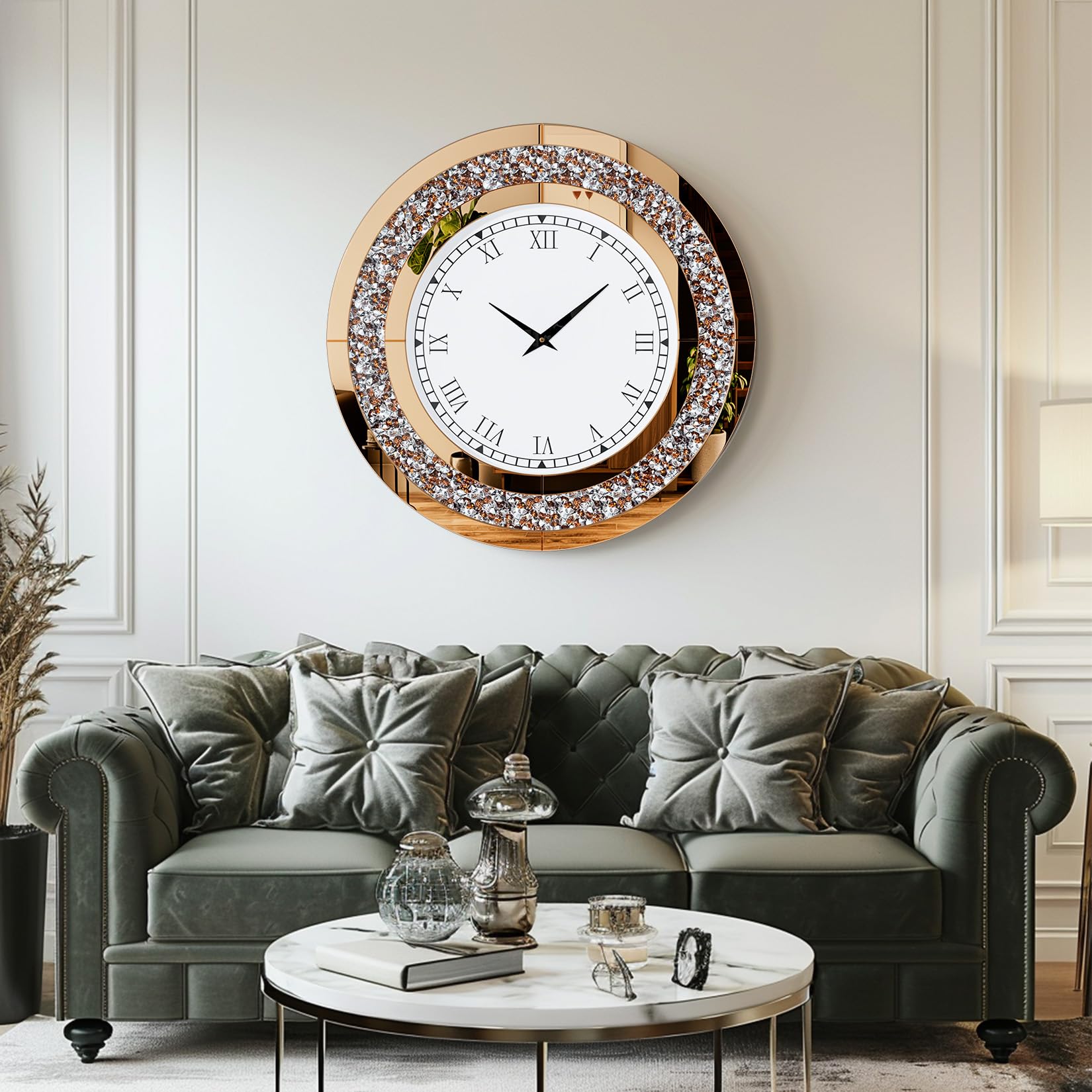 Wanduhr Modern Groß 60cm: Deko Kristall Uhren, Wohnzimmer Wanduhren Tickenfreies Design Römische Ziffern Uhren für Wohnzimmer, Schlafzimmer, Küchen Dekoration Gold