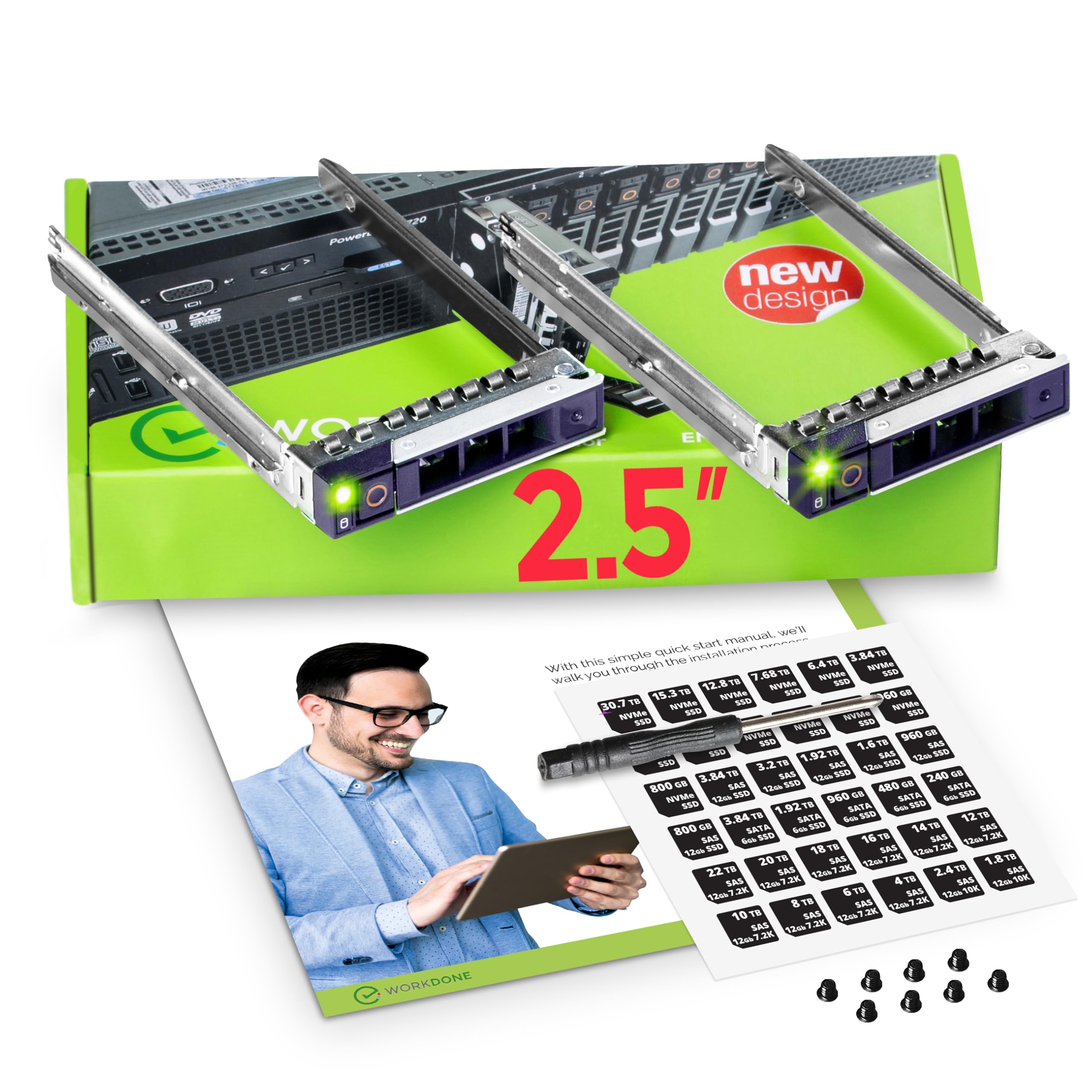WORKDONE 2-Pack 2.5" Hard Drive Caddy - Compatible for Dell PowerEdge Servers - 16th Gen T560 R660 R6615 R6625 R7615 R7625 R760 R760xs R760xa R860 R960 - SSD SAS SATA NVMe Tray - Setup Manual
