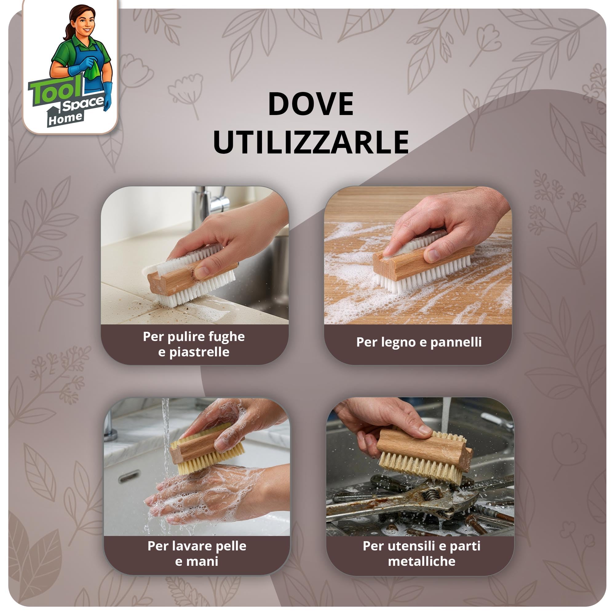 ToolSpace 2 Pezzi Spazzola per la Mano in Legno - Faggio Spazzolina per Pulizia Unghie Mani e Piedi - Dura Spazzole Doppiafaccia con Setole Naturale per Manicure Pedicure e Corpo - Spa Accessorio