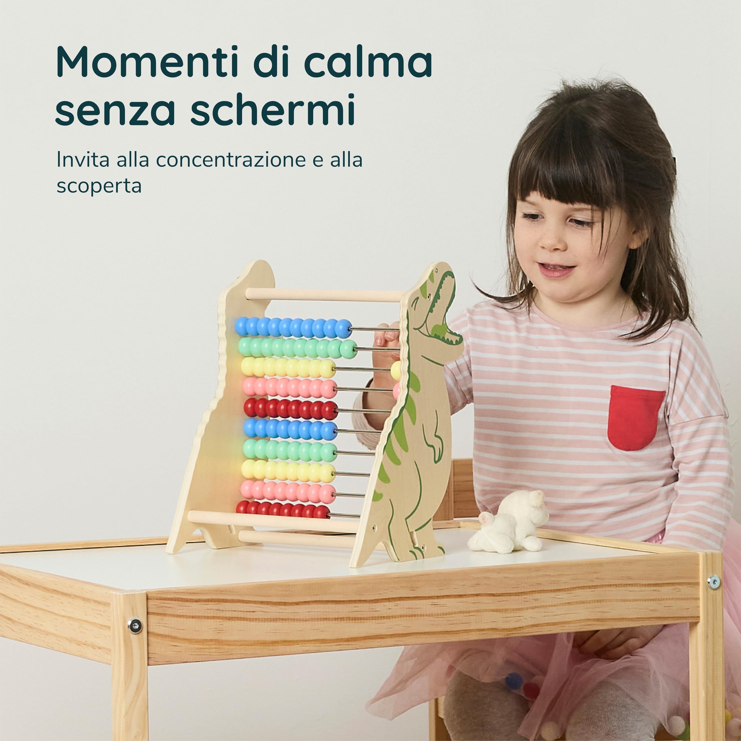 Twig & Leaf Abaco Montessori e Pallottoliere per Bambini in Legno FSC - Abaco Scuola Primaria per Imparare a Contare - Regoli Matematica Verticale e Gioco Educativo Dinosauro per Decine e unità