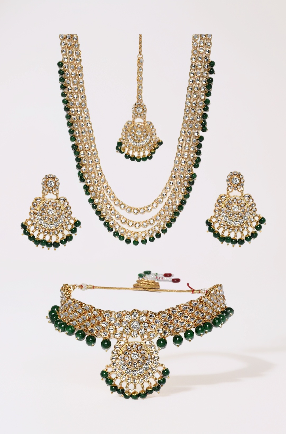 ZAVERI PEARLS Green Beads Bridal Kundan Choker & Long Necklace, Earring & Maangtikka Set For Women-ZPFK9793