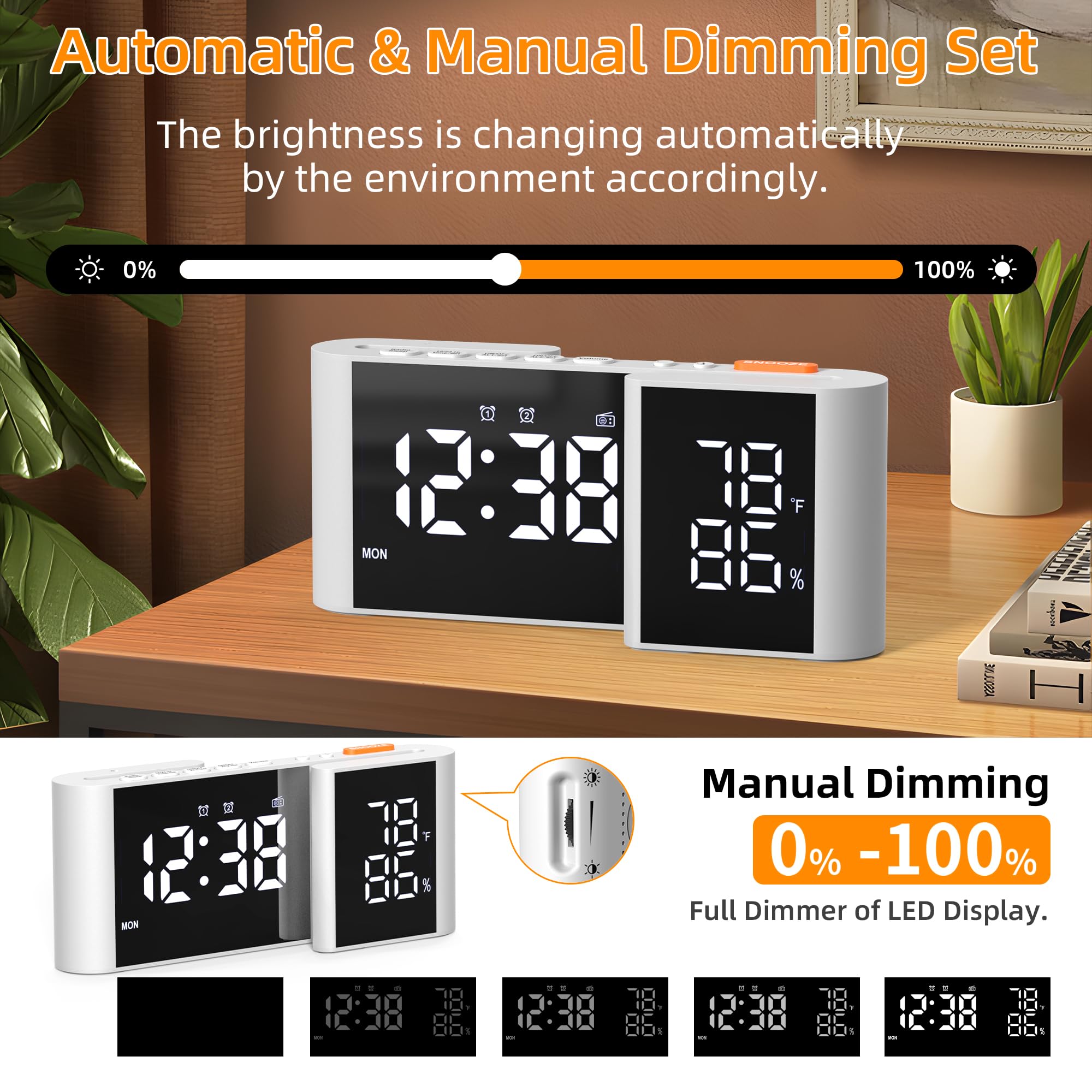 Radio Despertador para Dormitorio FM Radio LED Espejo Reloj Snooze Puerto USB Cargador Volumen Brillo Ajustable Blanco