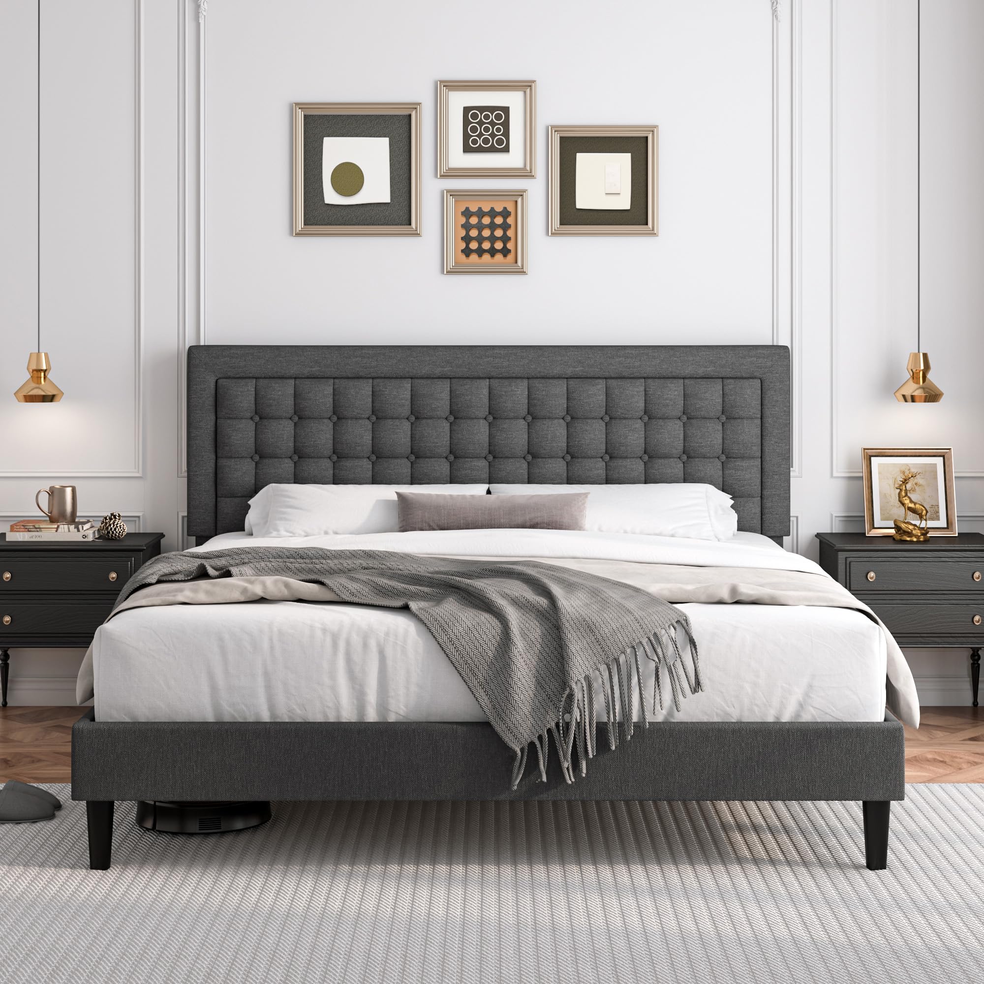 HIFIT King Size Bed Frame, King Modern Soft Linen Upholstered Platform Bed with Button Tufted Adjustable Headboard and Solid Wood Slats Foundation, No Box Spring Needed, No Noise, Easy Assembly, Grey