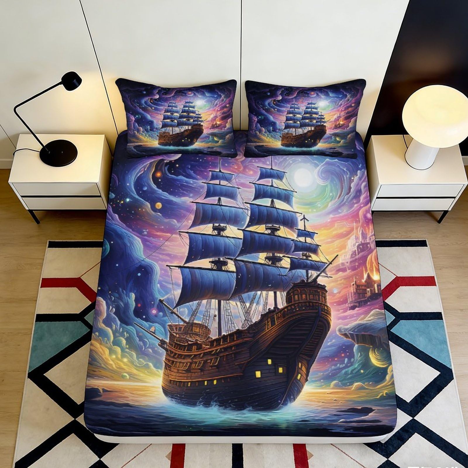 Decorative Pirate Ship Fitted Sheet 3D Printed, Microfiber Soft Touch Bed Cover for Bedroom, Wrinkle Resistant, Home Decor, Apartment Bedding, Easy Care, 100-120cm 90x200x25cm