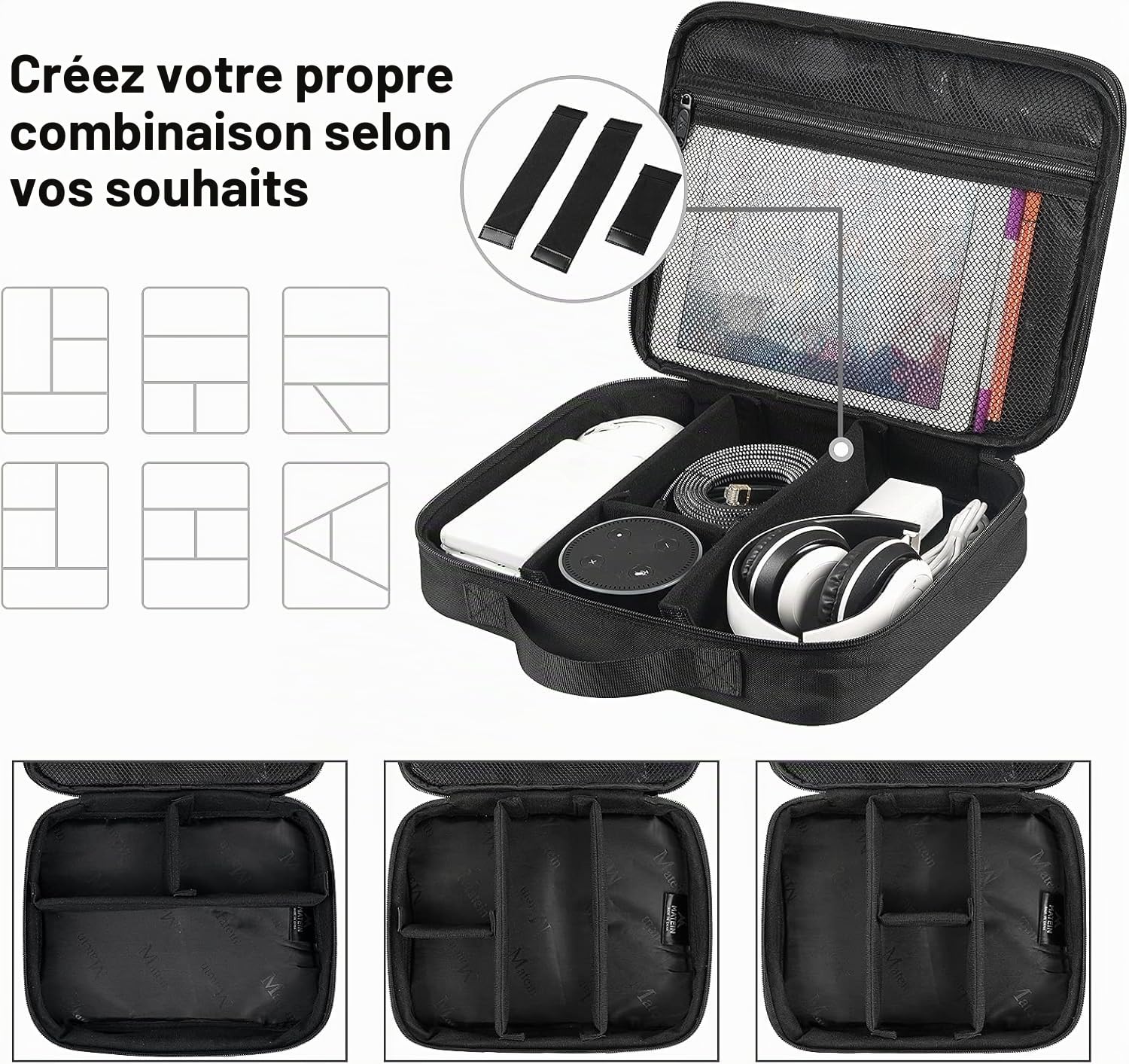 MATEIN Sac Organisateur de Câbles, 2 Couches Noir pour Téléphone Portable, iPad, Chargeur, Alimentation Mobile - Rangement Portable