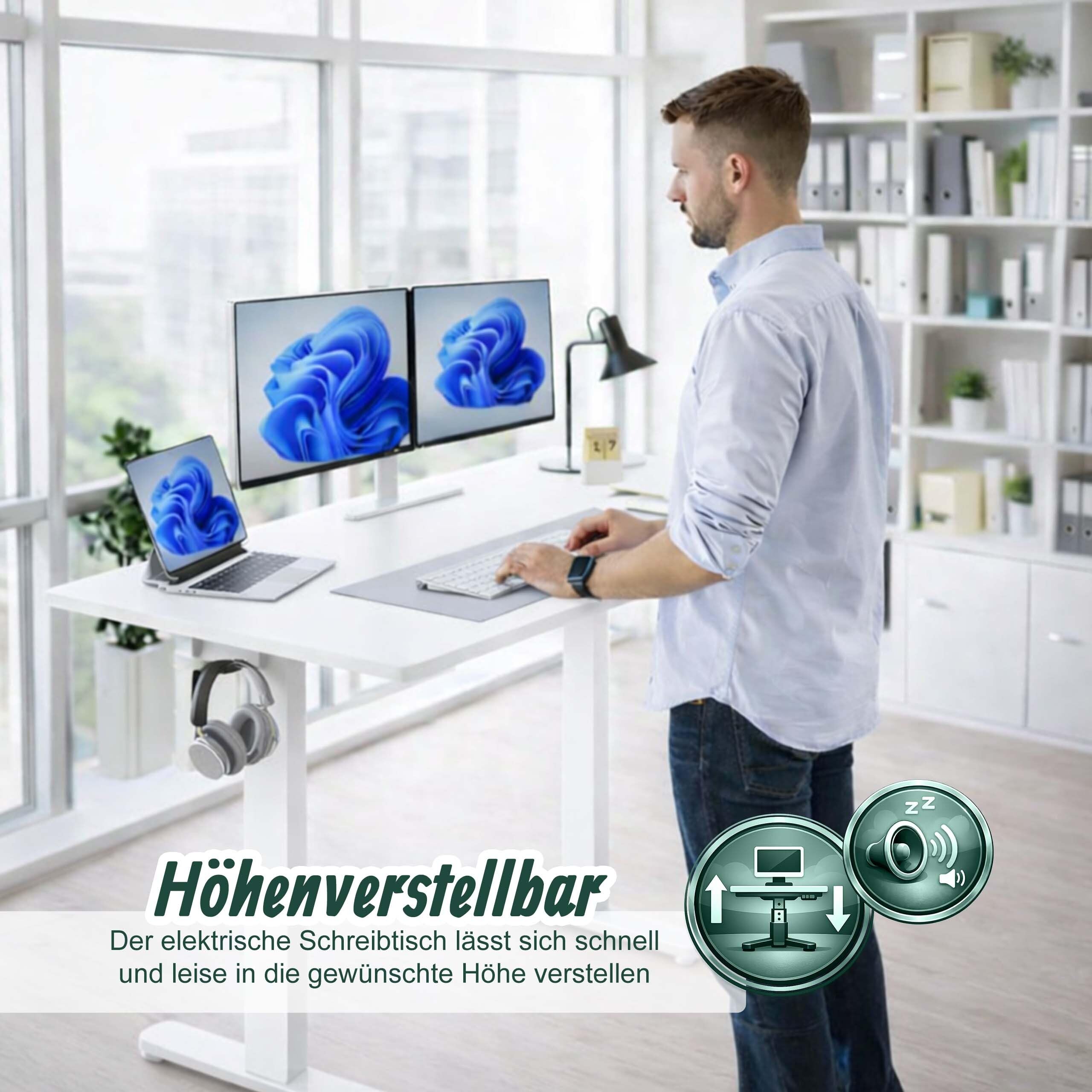 Relaxdays höhenverstellbarer Schreibtisch, elektrisch, Stehtisch Display, HBT: 120x120x60 cm, Metall, Holzoptik, weiß