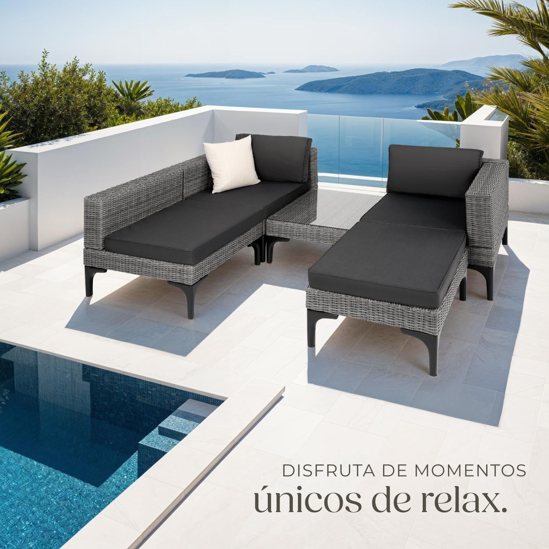 TecTake® Conjunto Jardín en Ratán y Aluminio, Cojines 8 cm, Conjunto Terraza Resistente a la Intemperie, Muebles Jardín Exterior 1 Sillón, 1 Taburete, 1 Mesa con Cristal, Fundas Extraíbles - Gris