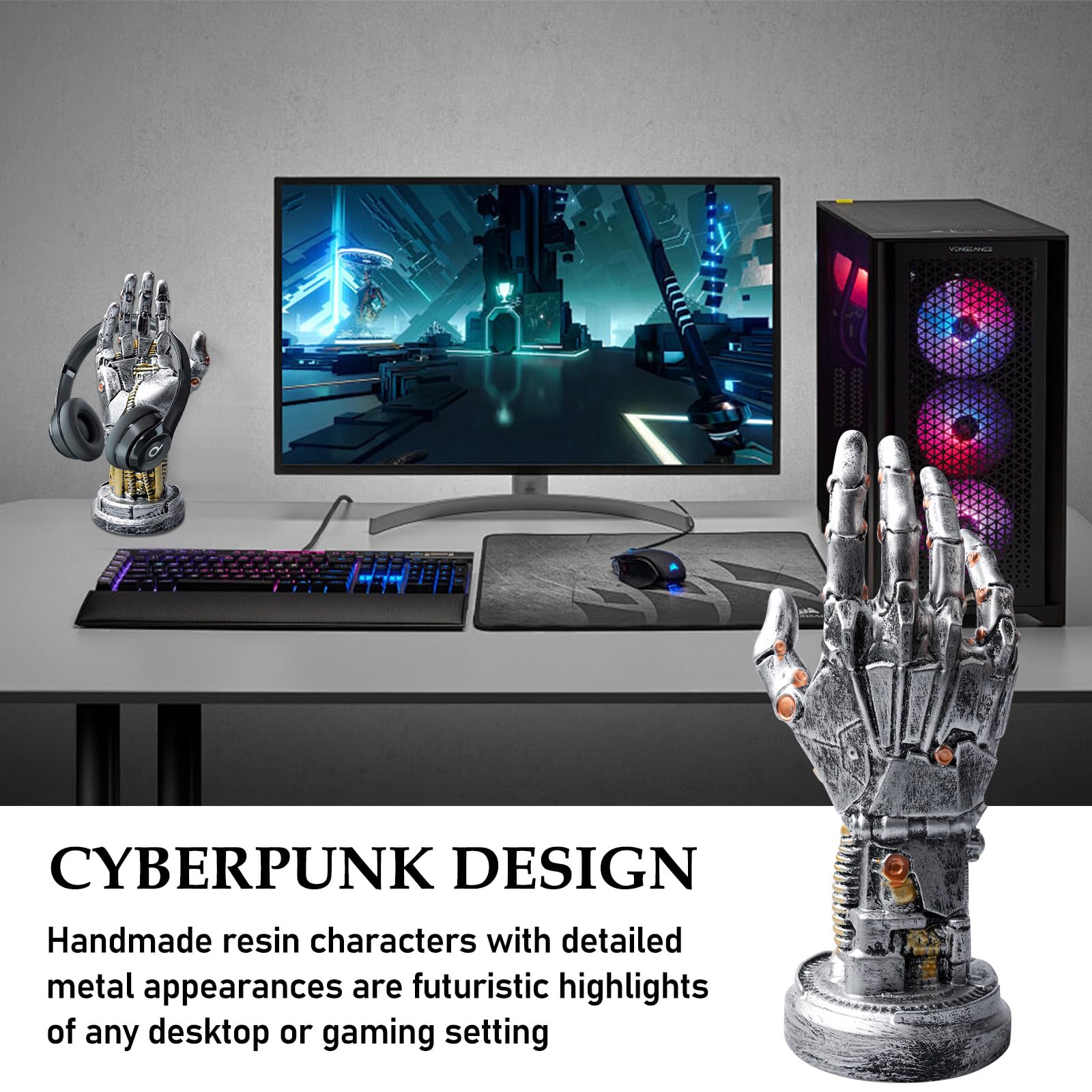 GOMETY Cyberpunk Support pour casque, casque de jeu et manette, design futuriste en résine aspect métal, accessoire de gamer pour vitrine, organisation de bureau