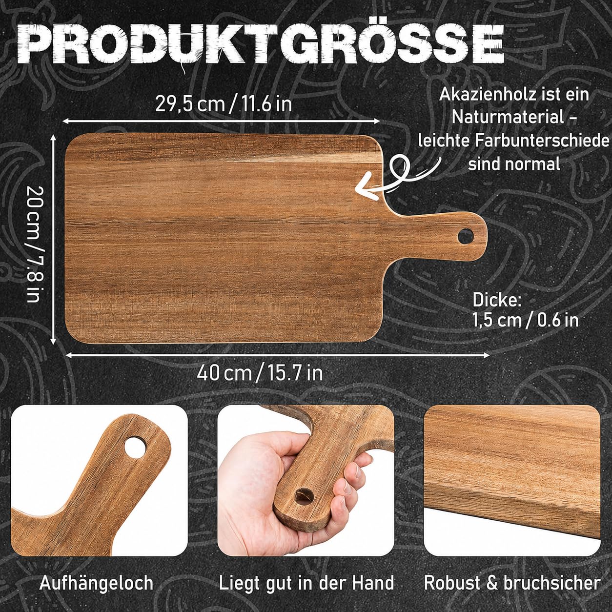 10 Stück Schneidebretter Holz 30 x 20 x 1,5 cm Küchen Schneidebrett mit Griff Servierbrett Tranchierbrett für Pizza Käse Wurstplatte