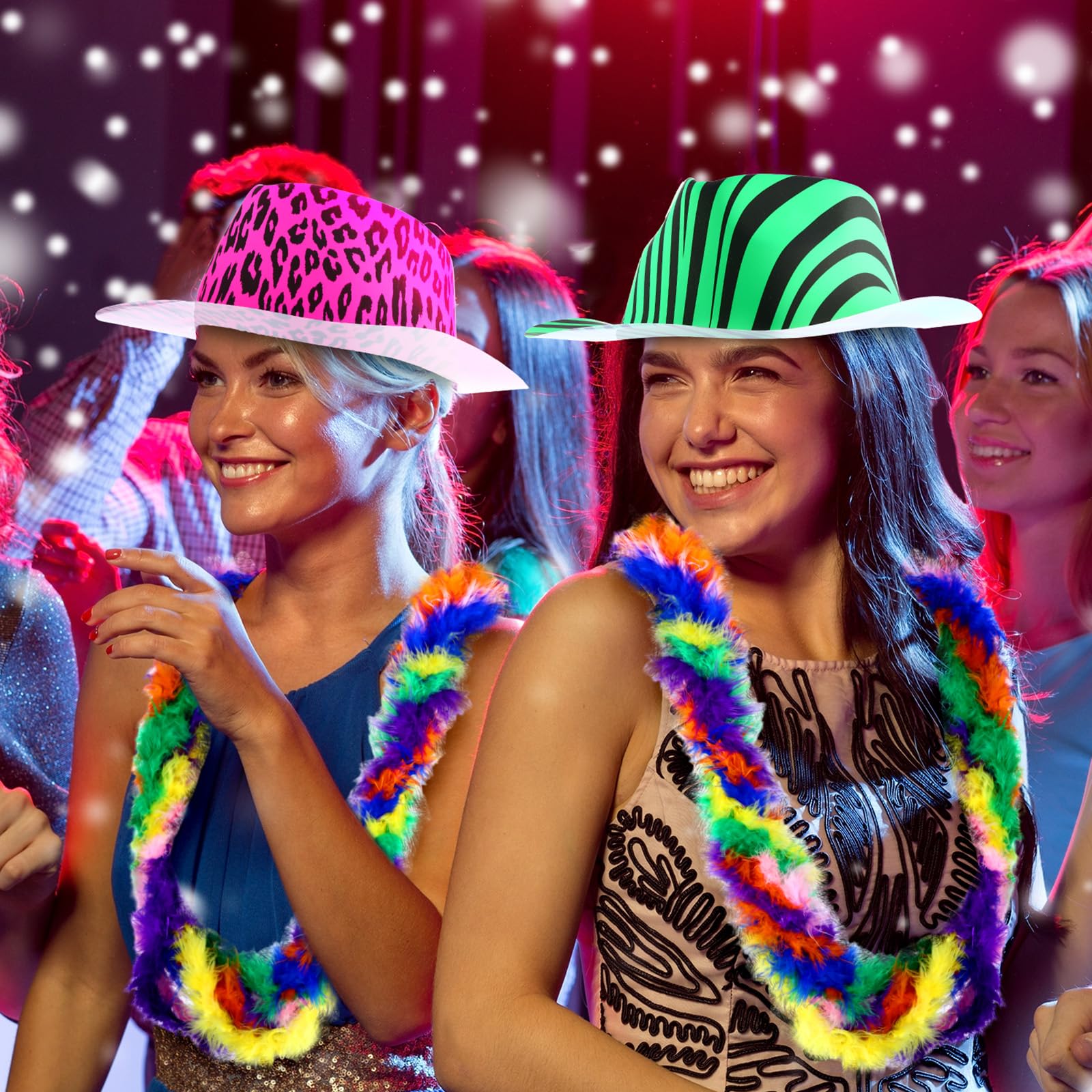 JaGely Paquete de 60 suministros de fiesta de neón que incluyen 30 sombreros de fiesta de plástico con estampado de animales de neón y 30 boas de plumas para cumpleaños, despedida de soltera, carnaval