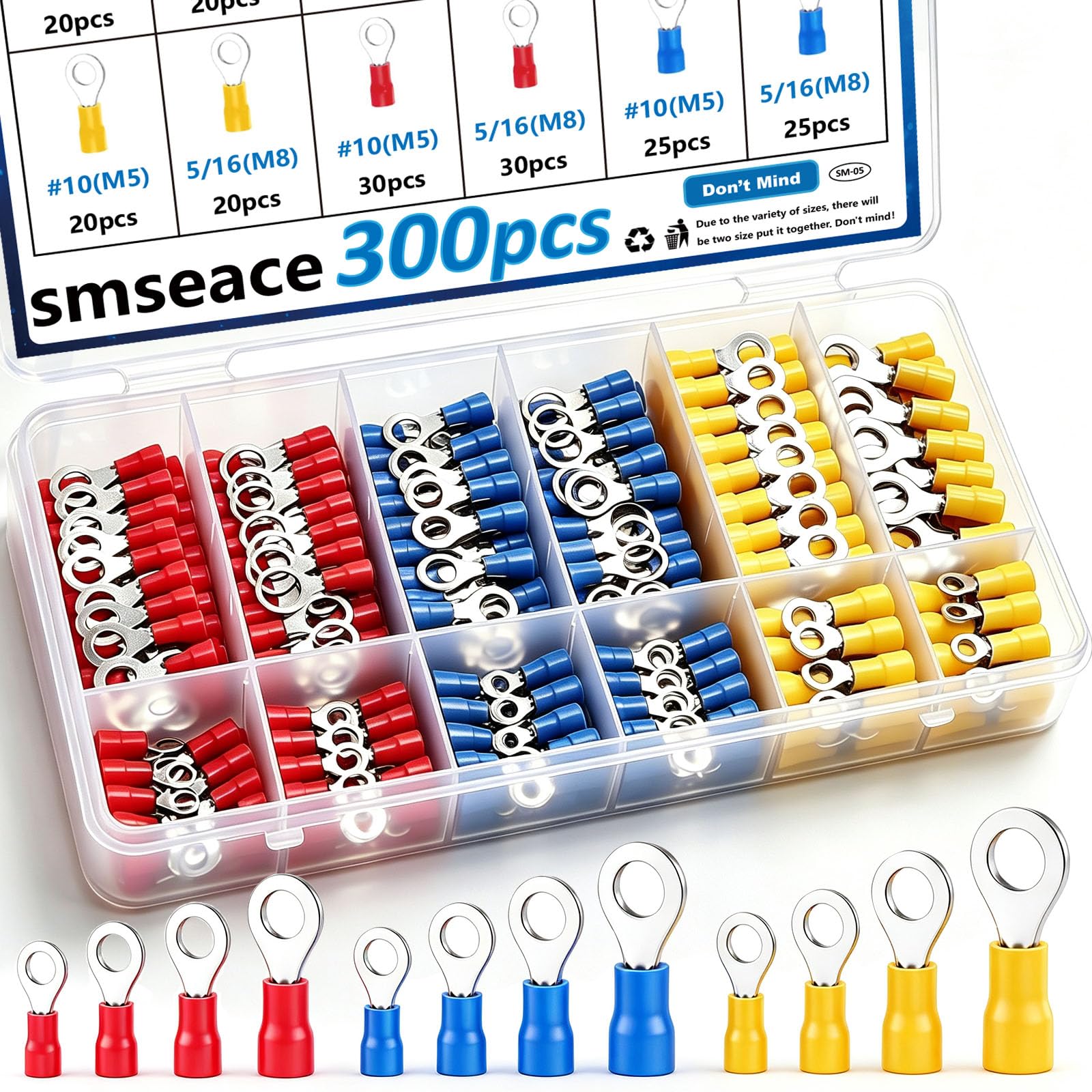 smseace 280 Stück isolierte Ringkabelschuhe gelb rot und blau Drahtverbinder Typ O Elektroklemme AWG 22-16 16-14 12-10 Steckverbinder Sortiment SM-05