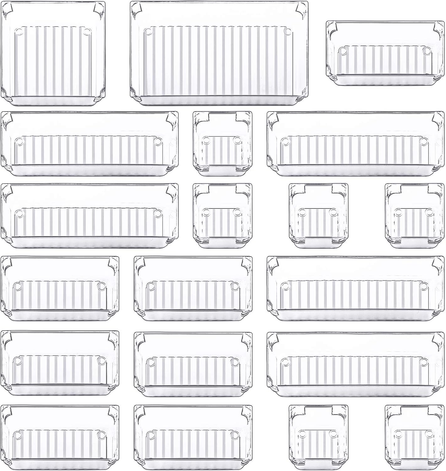 Fixwal 20pcs Clear Drawer Organizers 5 Size Drawer Makeup Organizer Storage Bins, Clear Desk Organizer Trays Versatile Vanity for Kitchen Utensil Bathroom Office Desk