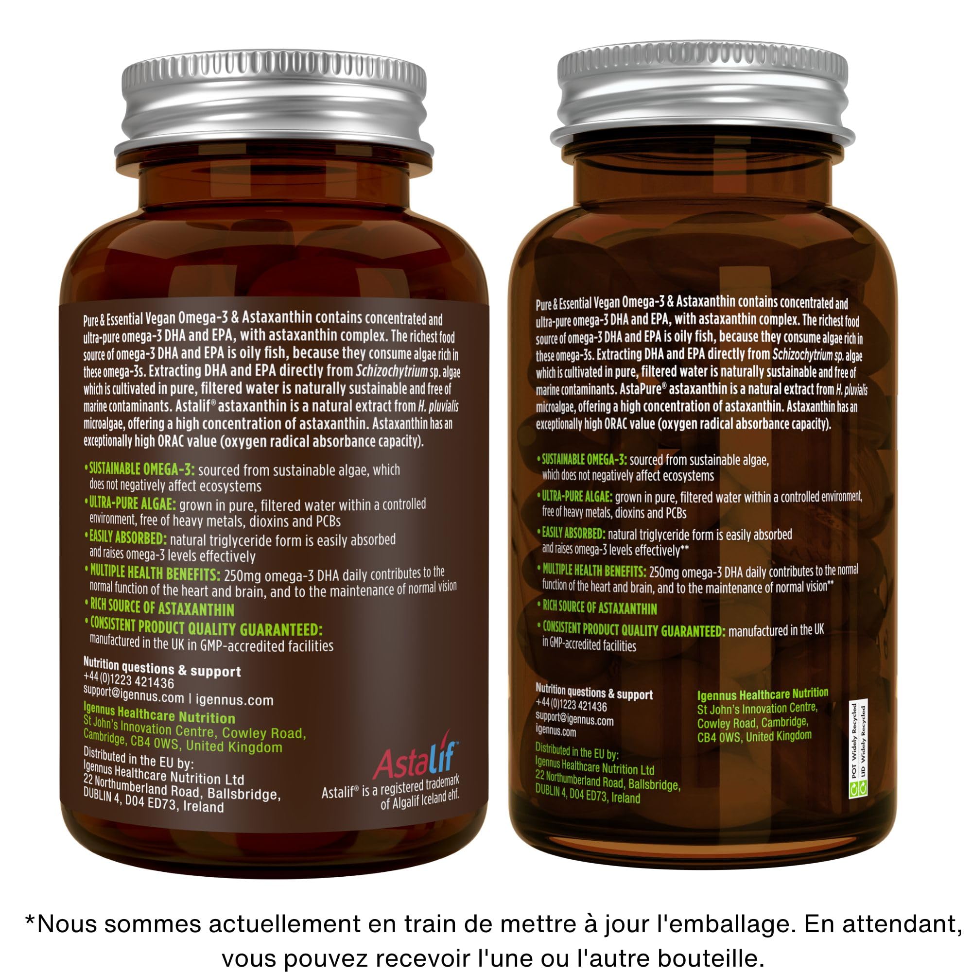 Igennus Oméga-3 Vegan Hautement Concentré À Base D'Huile D'Algues Avec Astaxanthine, Testé En Laboratoire, Ultra Pur Et Durable, Pour Le Soutien Du Cerveau Et Des Yeux, 180 Petites Capsules Molles