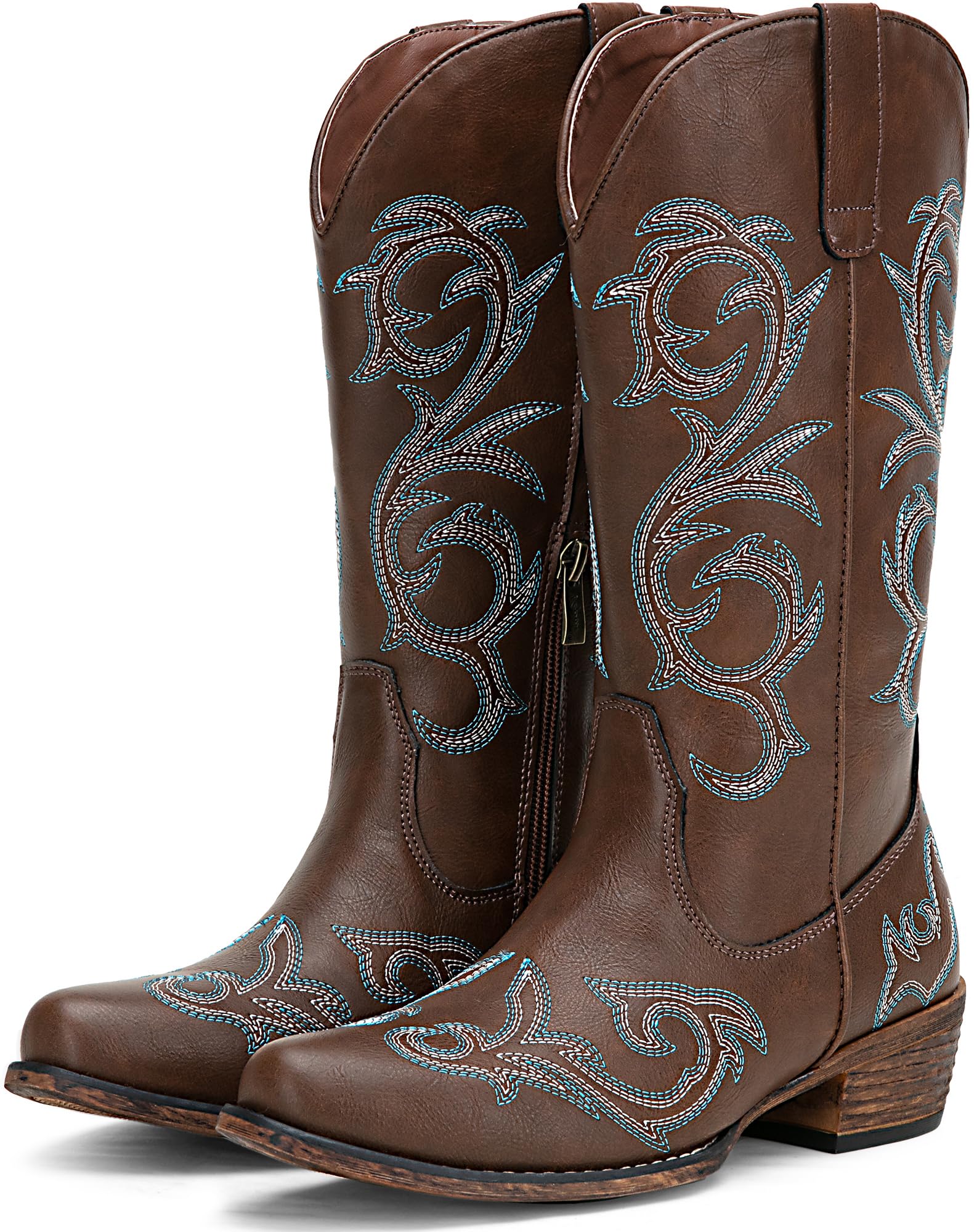 Jeossy Cowboy Boots for Women Wide Calf with Low Chunky Heel, Cowgirl Mid Calf Western Embroidered Boot Side Zipper, Round Toe Botas para Mujer for