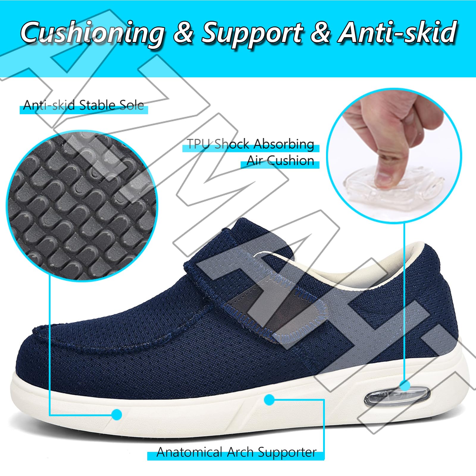 Scarpe Comode Anziani Slip-On Uomo Ortopediche con Strappo per Pianta Larga Senza Lacci Pantofole Diabetici Sneaker Infilare Cuscino d'Aria,Nero,46 EU