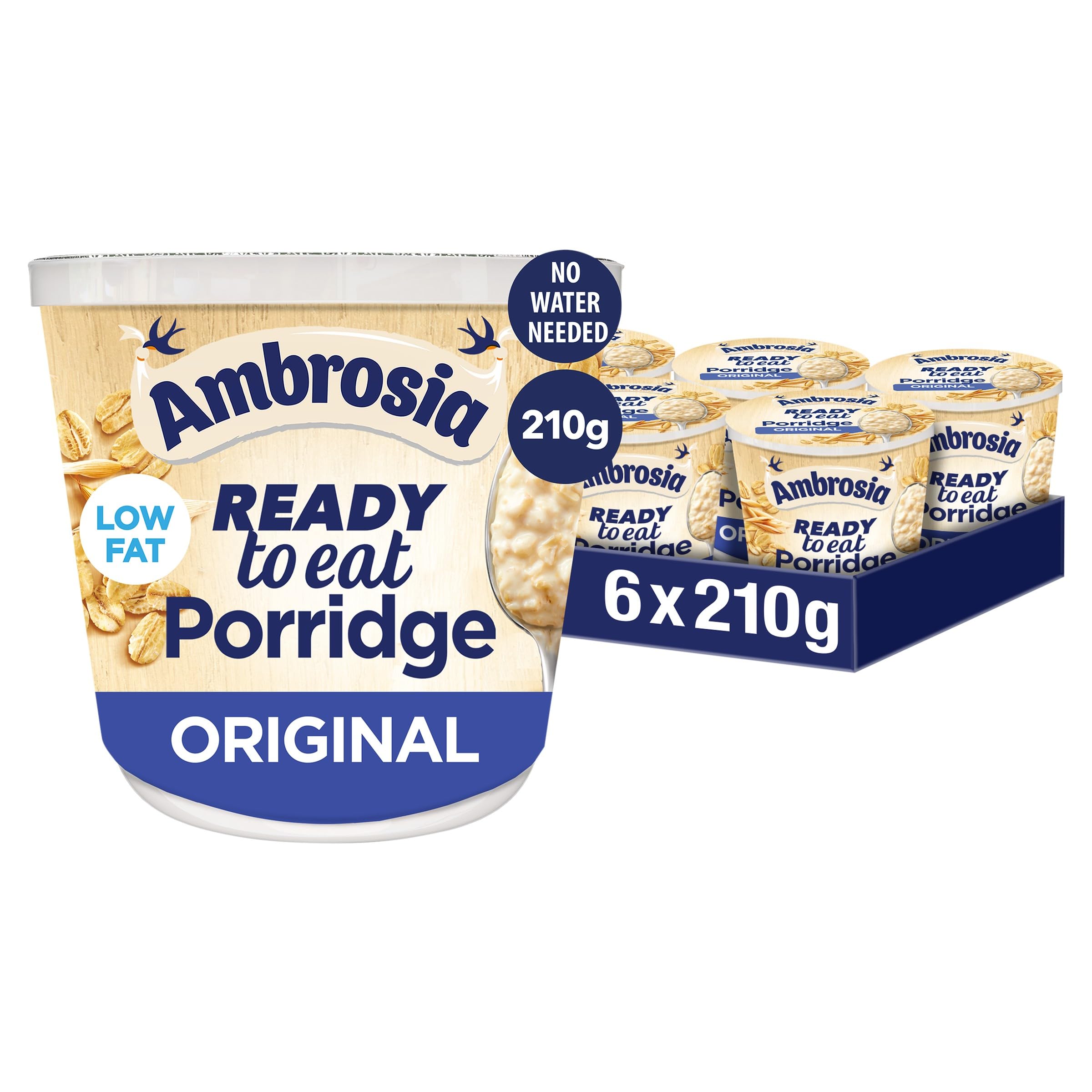 Ambrosia Original Ready to Eat Porridge Pots With British Wholegrain Oats, Convenient Low-Fat Lunch On-the-Go, 210 g (Pack of 6)