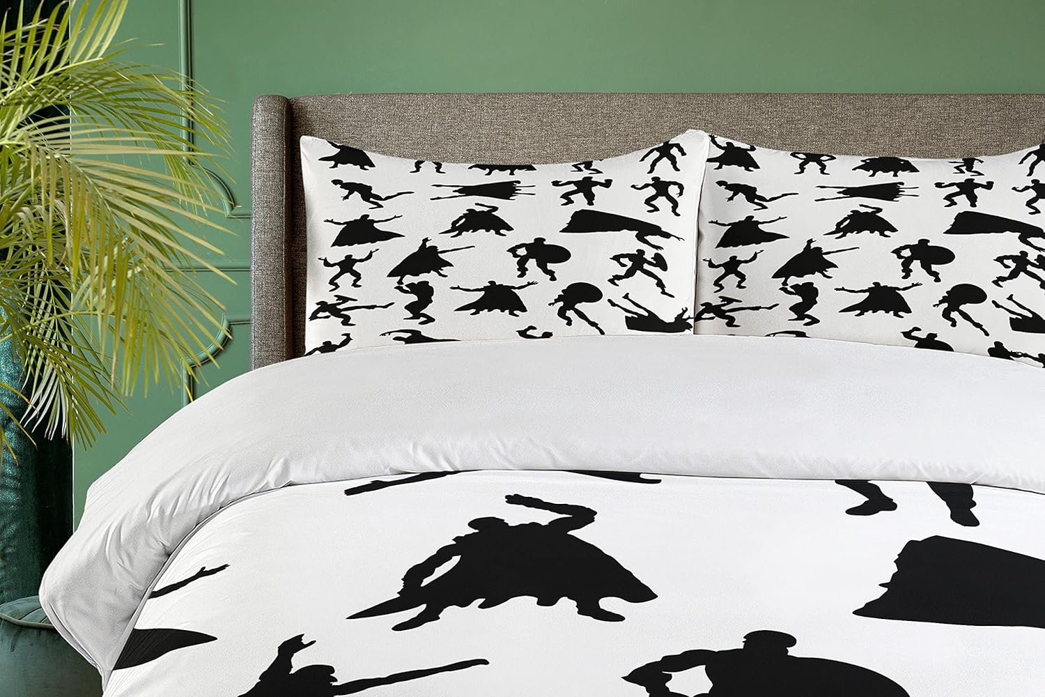 Ambesonne Superhero Duvet Cover Set, Hero Silhouettes in Different Moves Action Energy Conflict Struggle Illustration, Decorative 3 Piece Bedding Set with 2 Pillow Shams, Queen Size, Black White Queen Black White