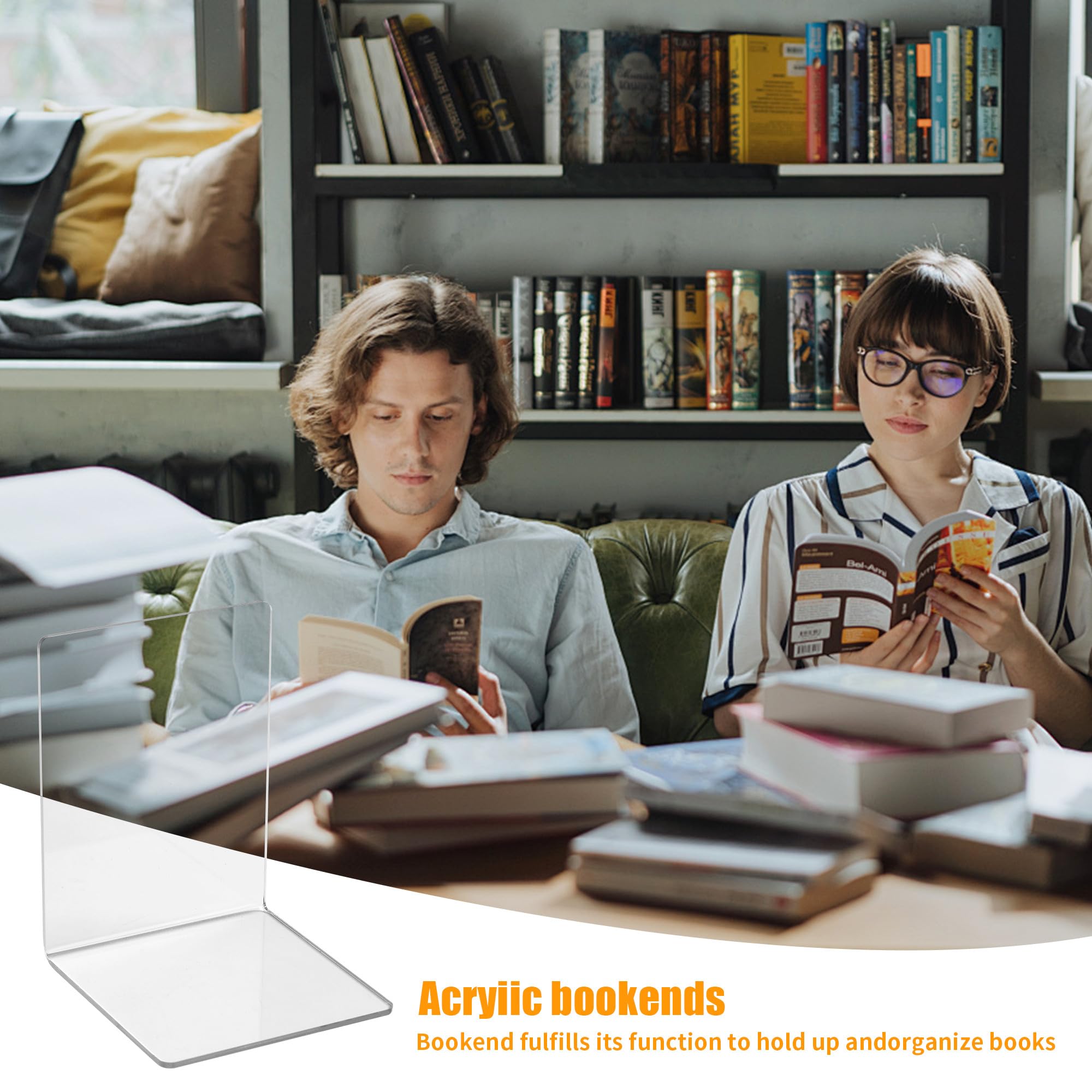 Serre-livres en acrylique transparent pour étagères, organiseur de livres avec 24 tapis antidérapants en silicone pour bibliothèque, bureau, école (12,7 x 12,7 x 18,5 cm, 3 paires/6 pièces