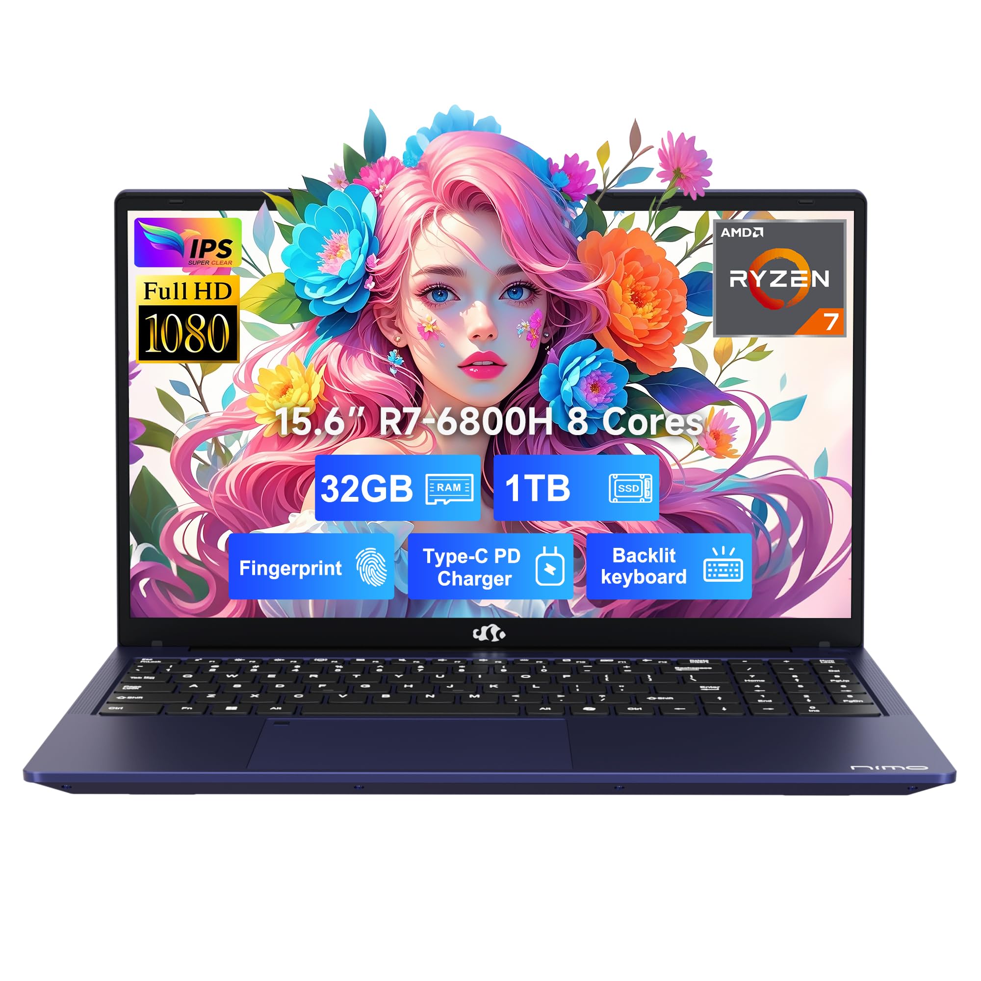 NIMO 15.6" IPS FHD-Gaming-Laptop, 8 Cores AMD Ryzen 7 6800H 32GB DDR5 RAM 1TB SSD (Beat Intel i7-12700H, Up to 4.7GHz) AMD Radeon 680M GPU-Computer with 100W Type-C Backlit Keyboard