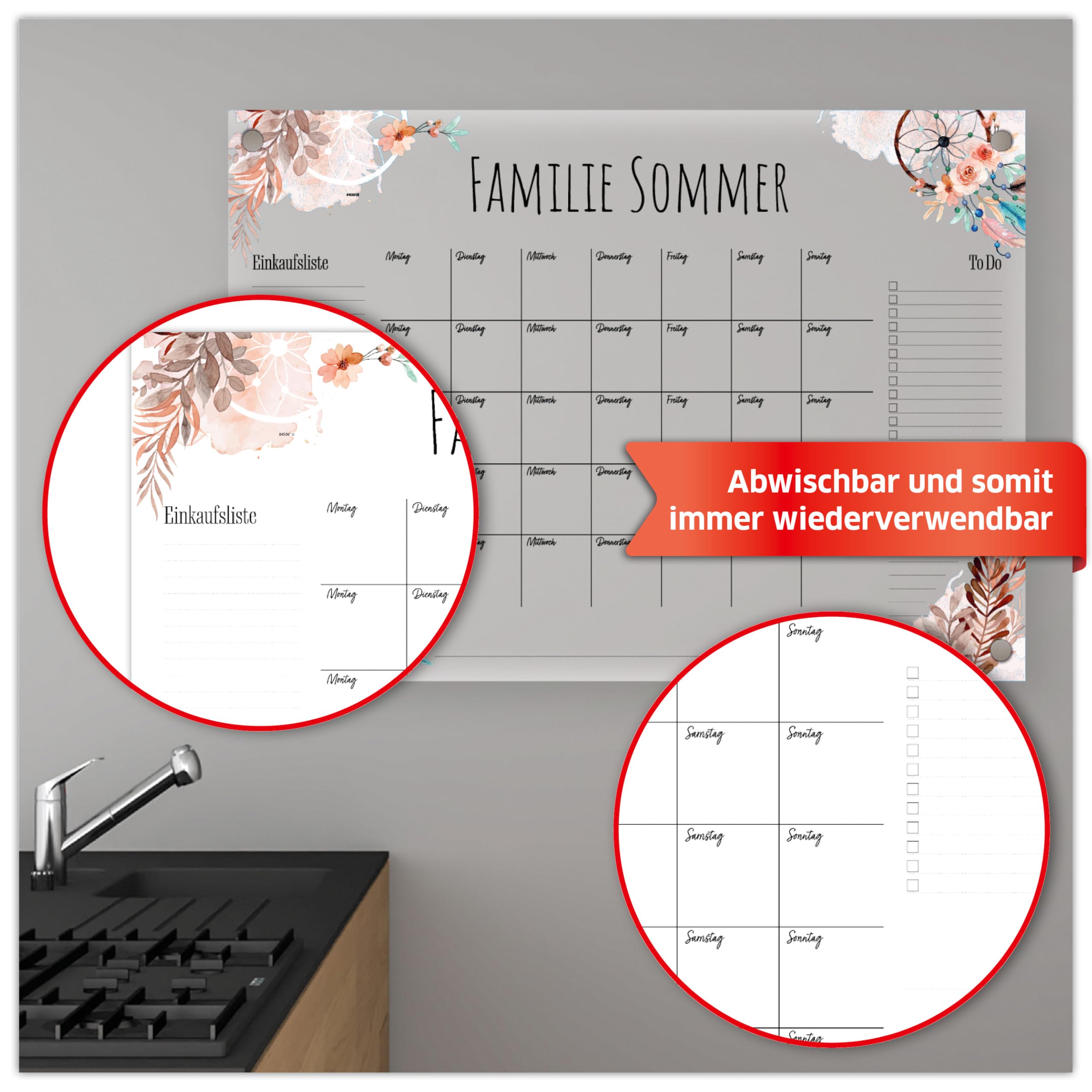 Primus Print – kalendarz na życzenie – spersonalizowany kalendarz ścienny – zmywalny planer rodzinny z akrylu (Boho)