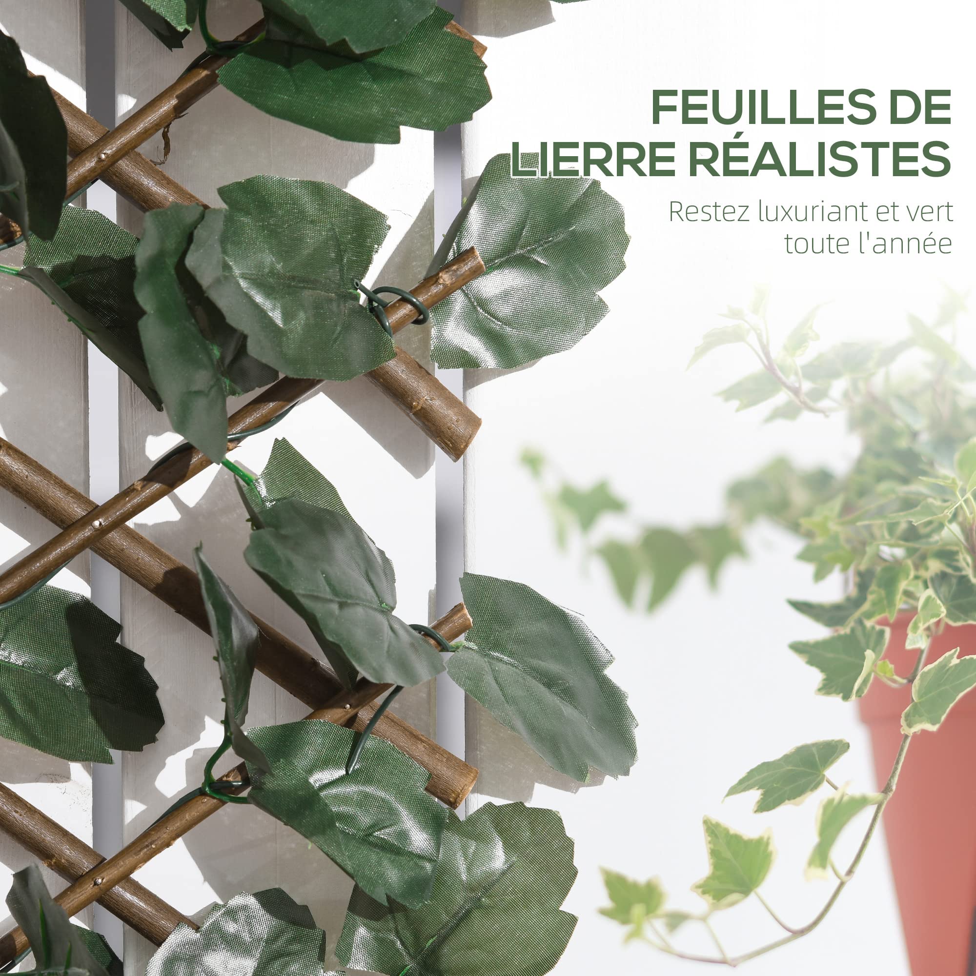 Outsunny Haie artificielle feuilles murale brise-vue 2 panneaux longueur ajustable 295 x 70 cm treillis extensible feuillage réaliste en PE vert