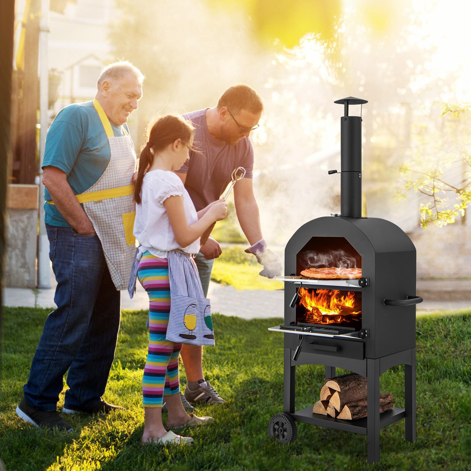 GYMAX Four à Pizza Extérieur 162cm à Bois ou à Pellet, Cuisson Facile avec Thermomètre, Pierre à Pizza, Grilles, Pelle, Accessoires Complets, pour Camping, Fêtes, Barbecues