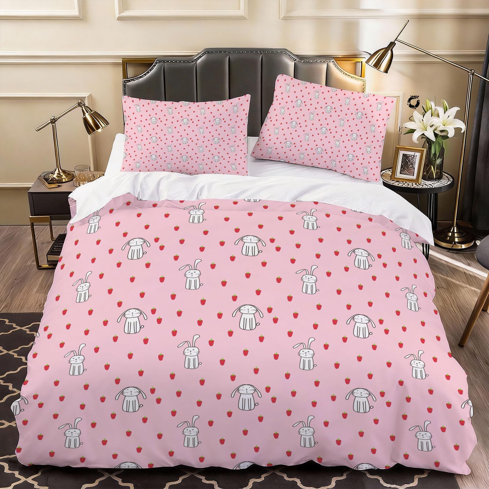 3D Cute Rabbit Duvet Cover Cute Bedding Double Bed Set, Soft Microfiber Comforter Cover Printed with Zipper Closure Quilt Coverr 200x200 cm and 2 Pillowcases
