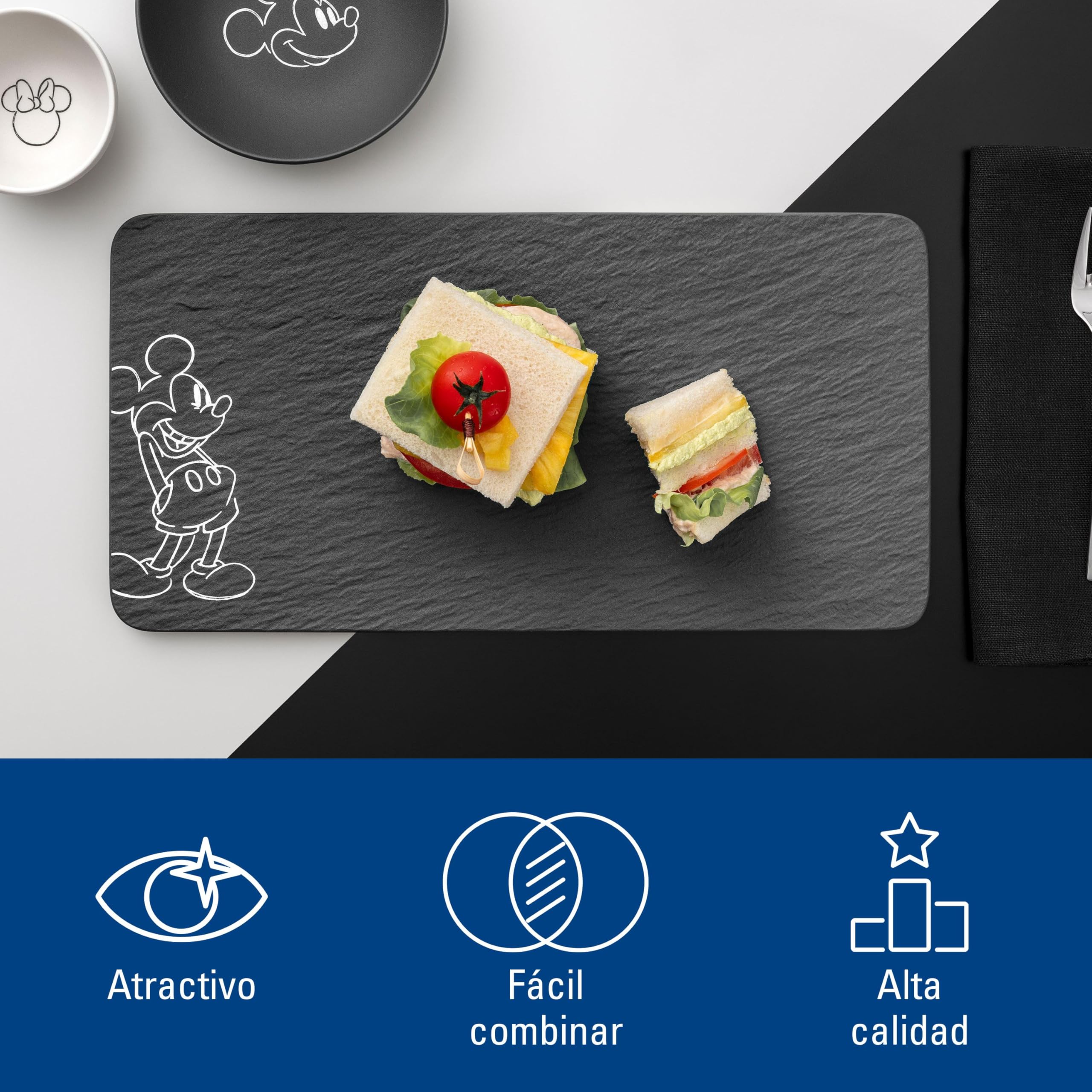 Villeroy & Boch Manufacture Rock – Mickey Mouse – Bandeja servir, negra, apta para lavavajillas y microondas, acabado de pizarra y decoración de Disney Mickey Mouse en estilo tiza