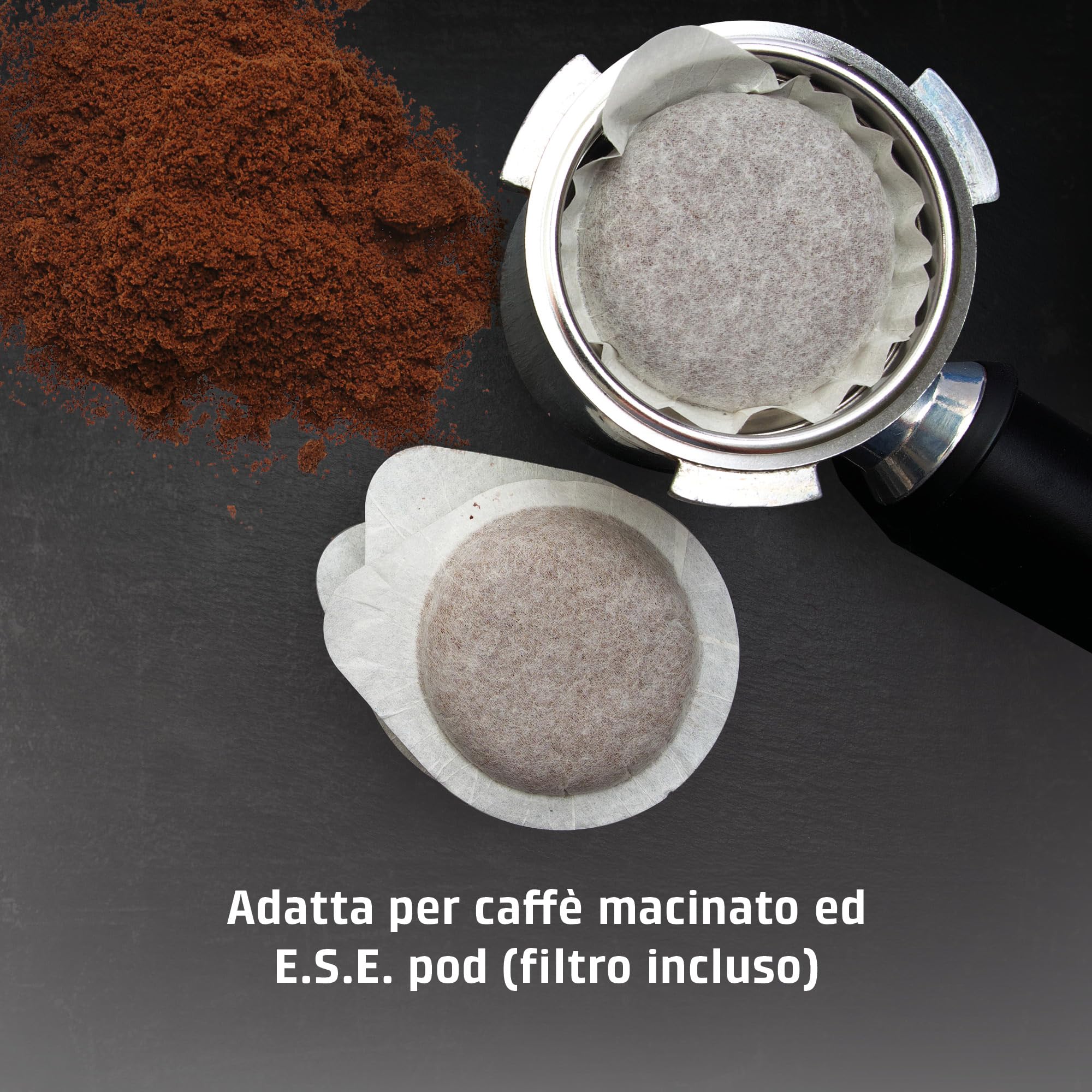 CASO Espresso Gourmet Crema - Macchina per il trasporto del colino con montalatte, espresso, cappuccino, portafiltro in acciaio inox, pompa ULKA, macchina da caffè in polvere, ESE Pads