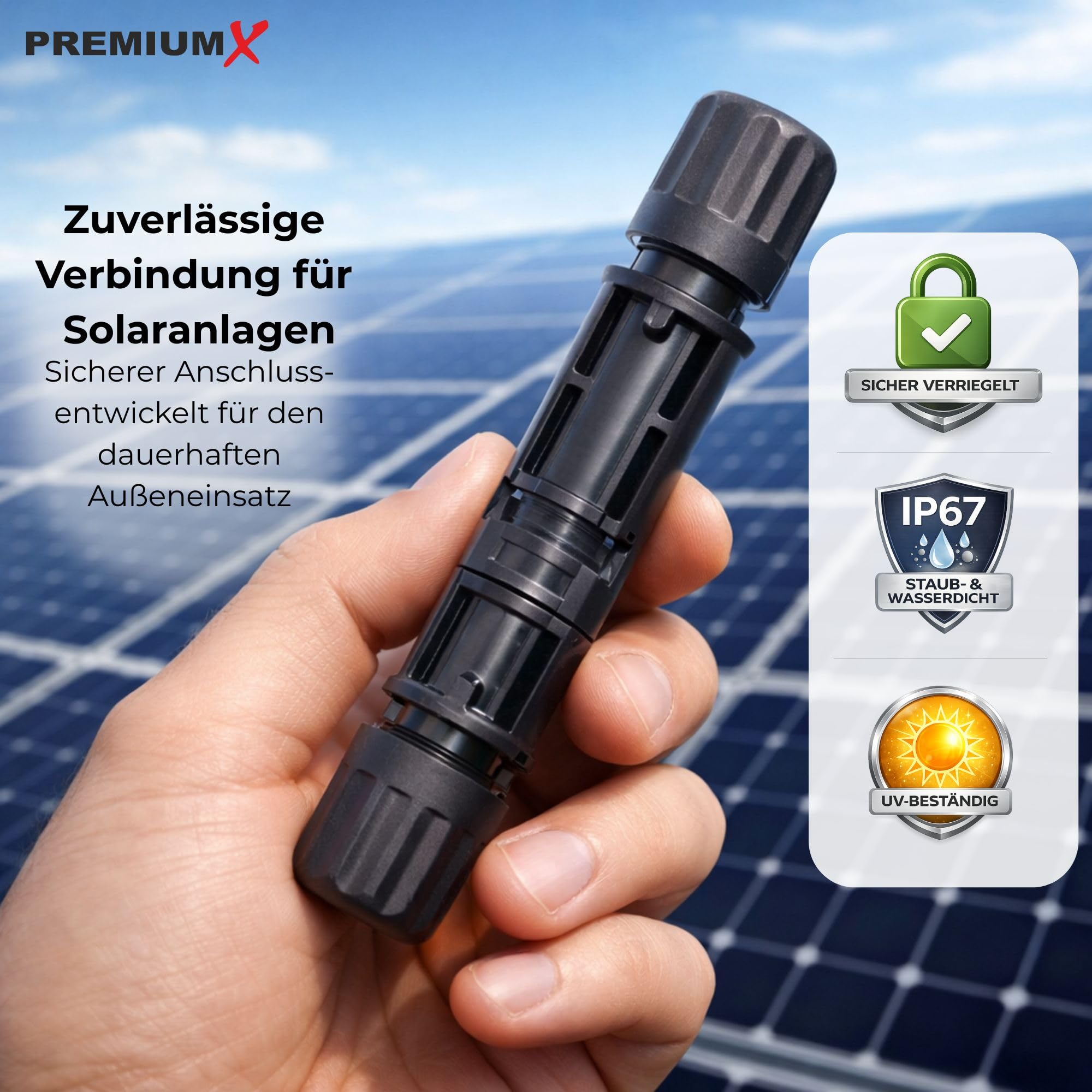 Premium X 4X Solarstecker (2 Paar) inkl. Kontakte - PV Steckverbinder männlich weiblich für Photovoltaik Solarpanel & Solarkabel, IP67 wasserdicht, UV-beständig