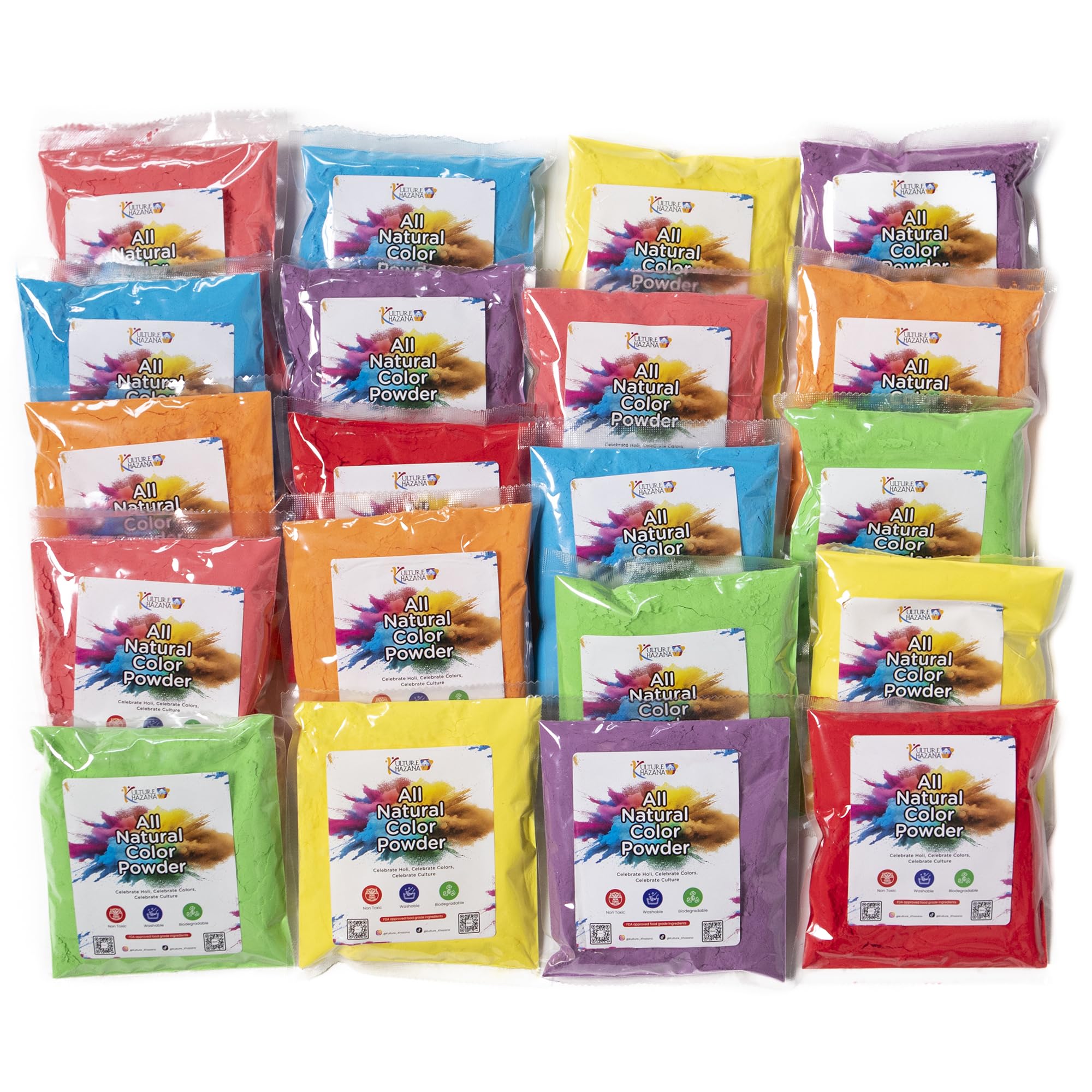 Kulture Khazana Holi Colors Non-Toxic | Washable | biodegradable Color Powder Pack of 20 (50 gm packet)
