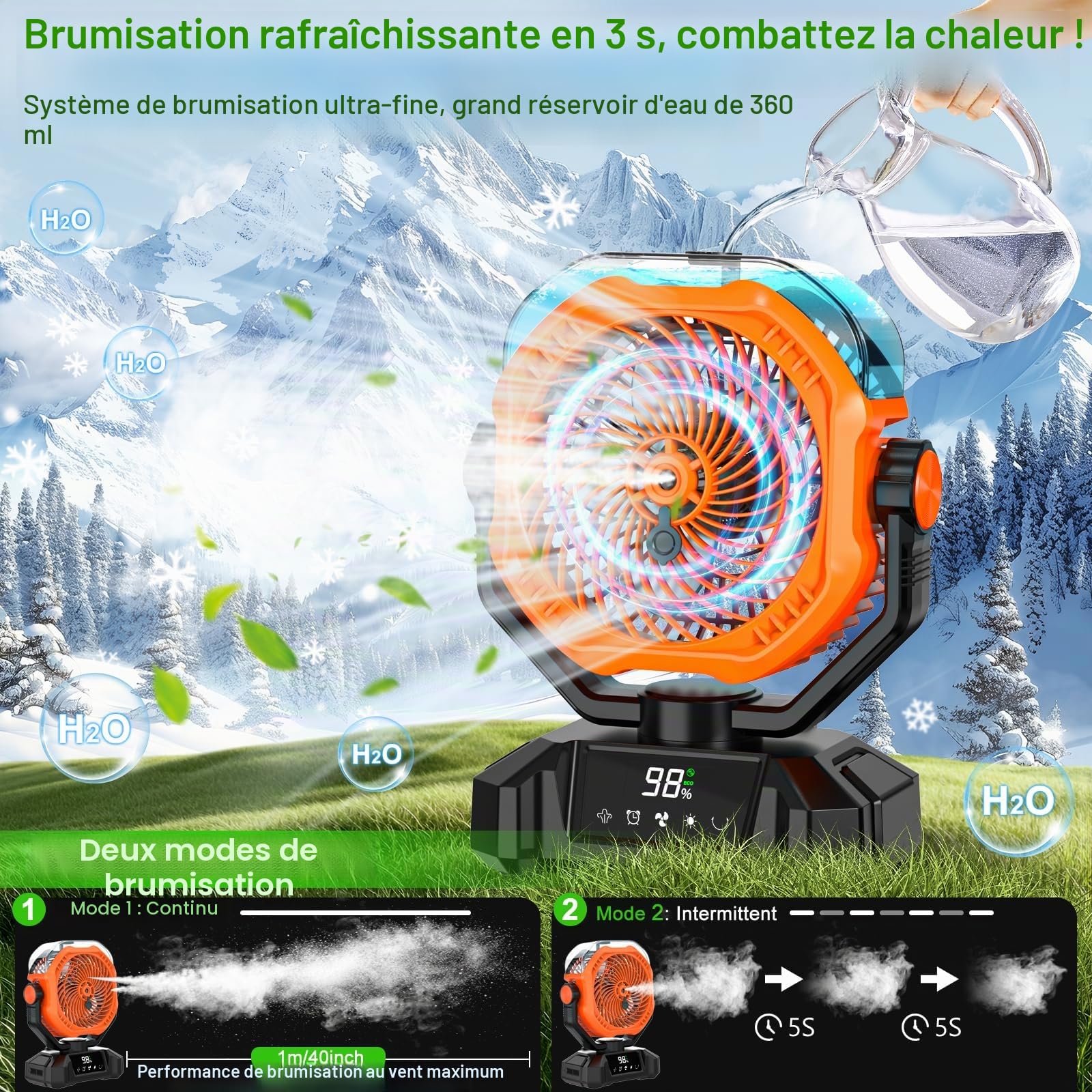 Multper 20000mAh Ventilateur Brumisateur Portable, Ventilateur Portable Rechargeable avec Réservoir d'Eau 360ML, LED, Télécommande, 5 Vitesses, Ventilateur USB Silencieux pour Camping, Bureau, Maison