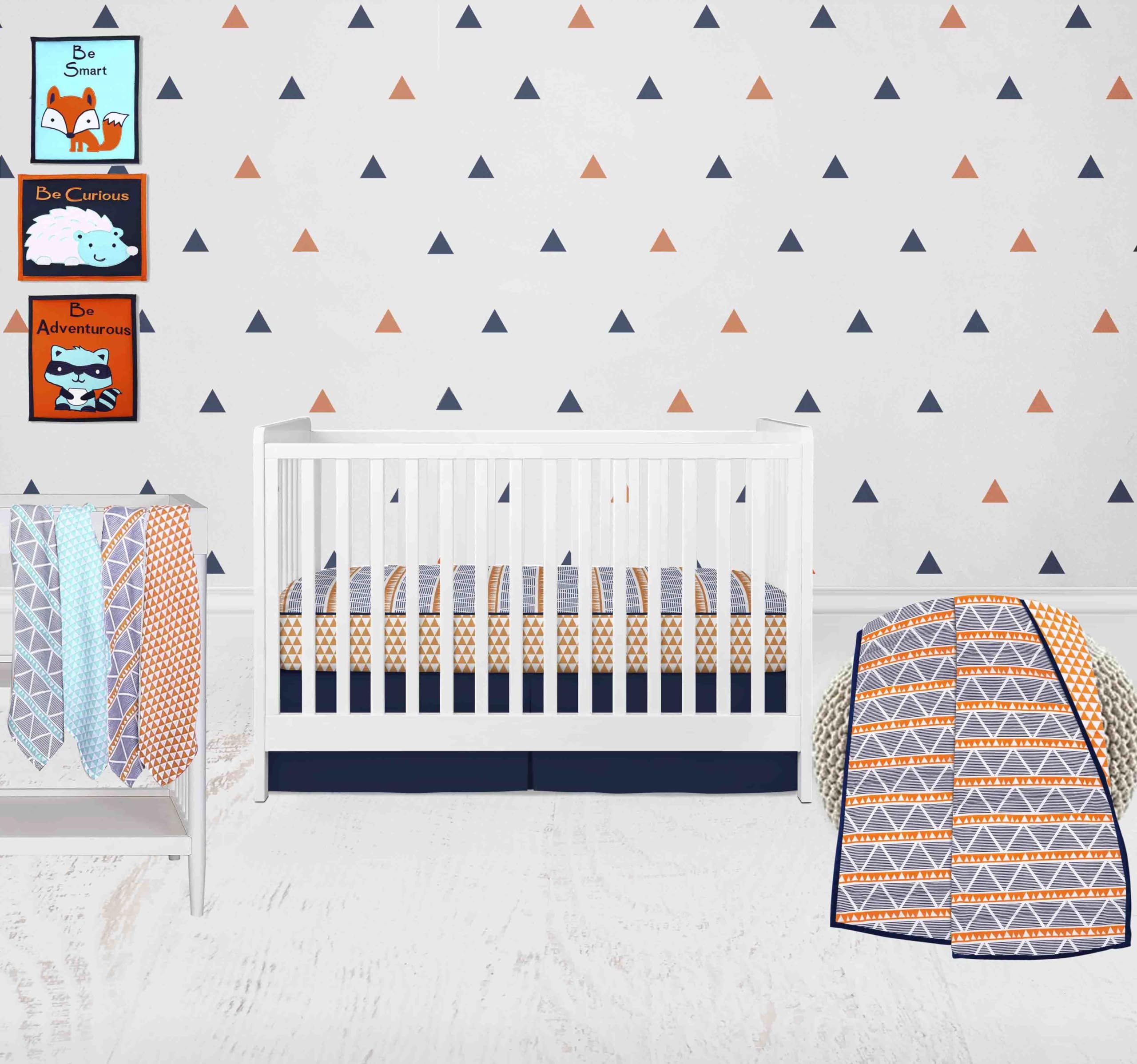 Bacati - 100 Percent Breathable Cotton Muslin/Percale 10 Piece Nursery Baby Crib Bedding Set for Boys/Girls Including 4 Swaddling Blankets US Standard Crib (Aztec Orange/Aqua/Navy)