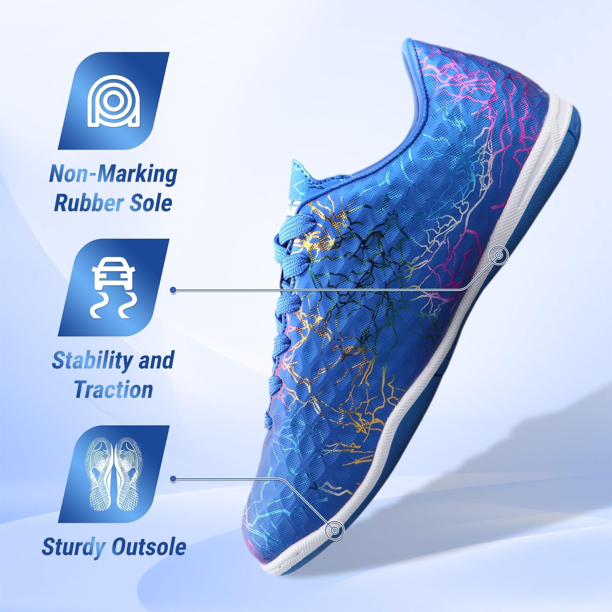 Vizari Zodiac Kids Indoor Soccer Shoes | Synthetic & Machine Washable Kids Soccer Cleats | Durable Football Shoes with Non-Marking Rubber Outsole for Maximum Traction for Boys and Girls, (Blue, 2)