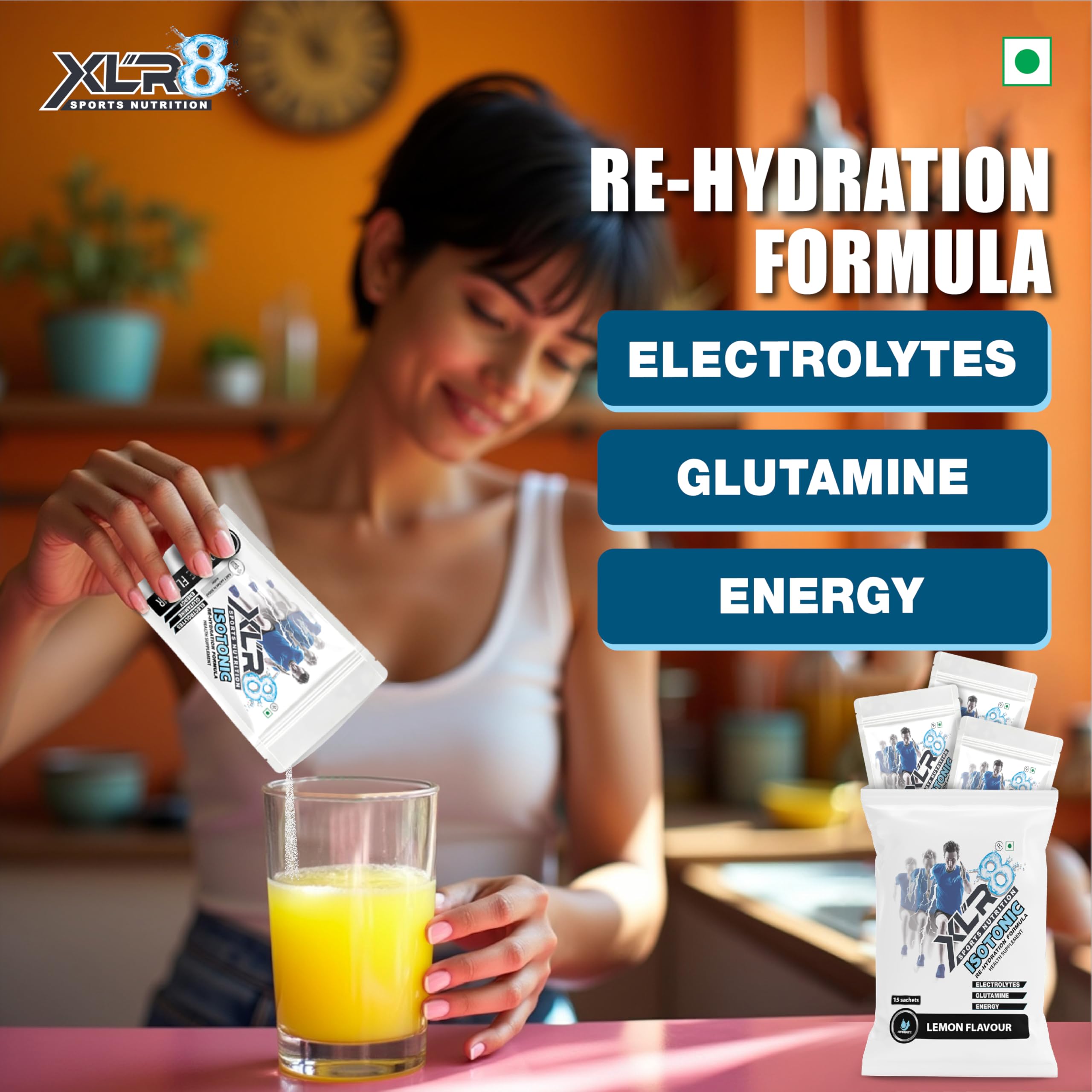 XLR8 Electrolytes Powder 20g (15 Servings ) with Shaker | High Performance Isotonic Sports Hydration & Energy Drink Mix with Sodium, Potassium, Magnesium, Glucose & Glutamine | Instant Rehydration for Workout, Running & Endurance |Lemon
