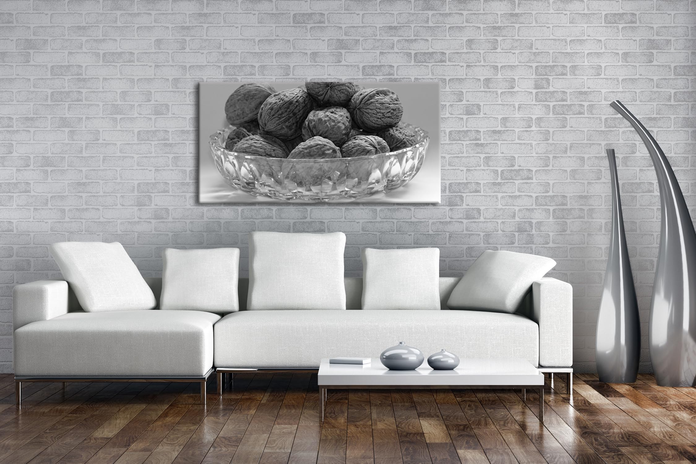 Chrupiące orzechy włoskie w skorupie panorama 100 x 50 cm efekt: czarny/biały jako obraz na płótnie, motyw oprawiony na ramie z prawdziwego drewna, wysokiej jakości druk cyfrowy z ramą