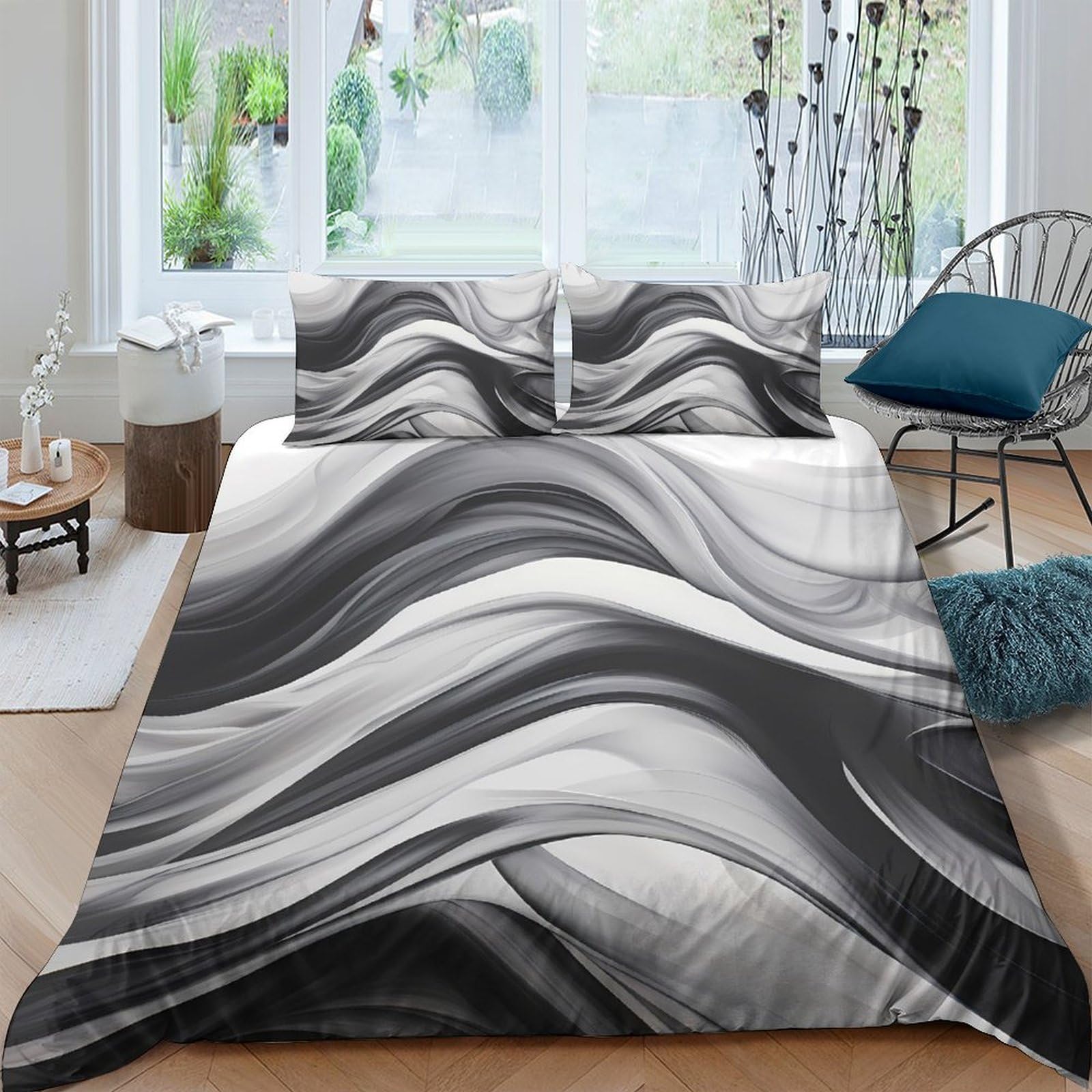 Ctjqhvkz Style-2 3D Printed Black Wave Fitted Sheet Microfiber Soft Abstract Gray Swirl Mattress Cover For Bedroom Guest Room Decor Single（135X200cm）